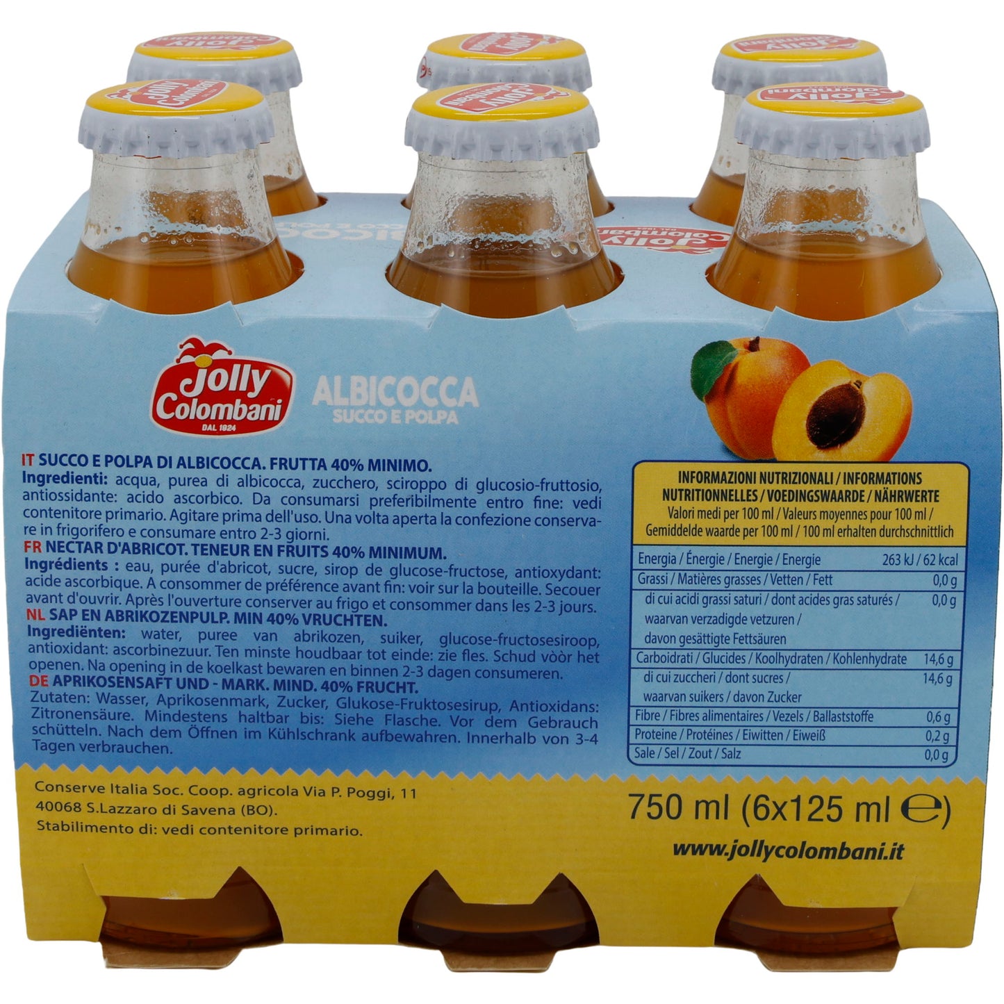Fruchtsaft Jolly Colombani | Pesca Succo e Polpa | Aprikosensaft mit Fruchtfleisch | 750 ml (6x125 ml)