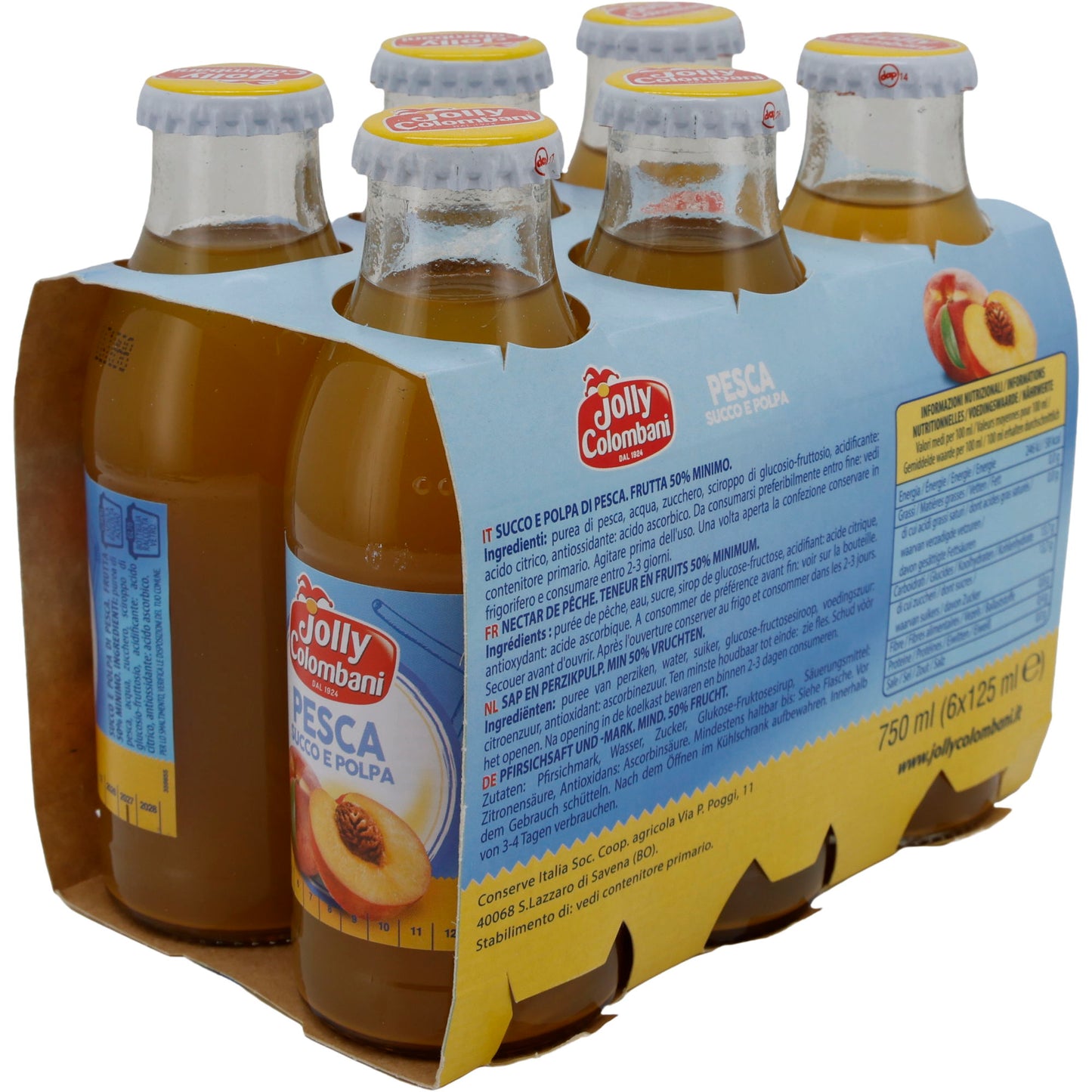 Fruchtsaft Jolly Colombani | Perziksap en -pulp | Perziksap met vruchtvlees | 750 ml (6x125 ml)