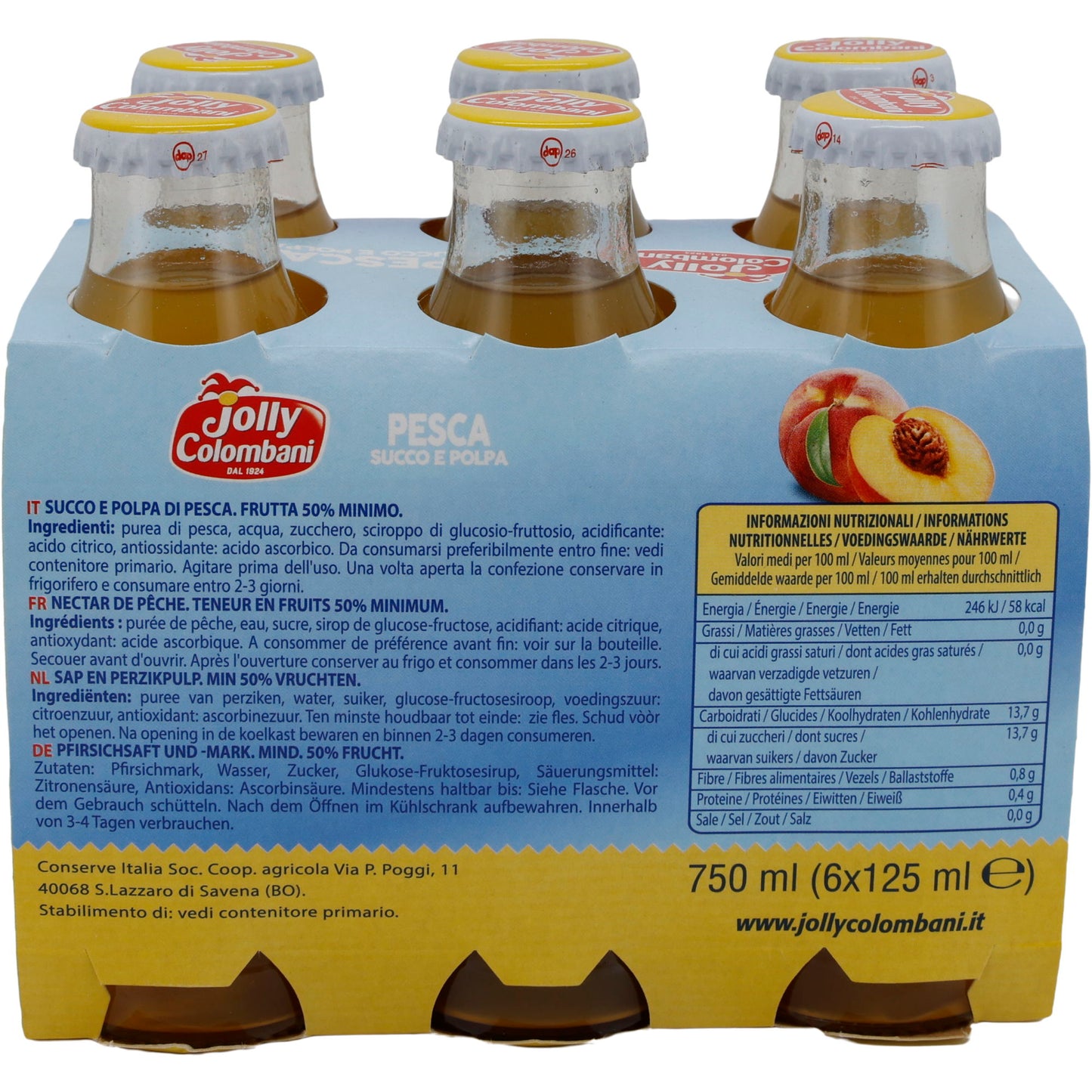 Fruchtsaft Jolly Colombani | Pesca Succo e Polpa | Pfirsichsaft mit Fruchtfleisch | 750 ml (6x125 ml)
