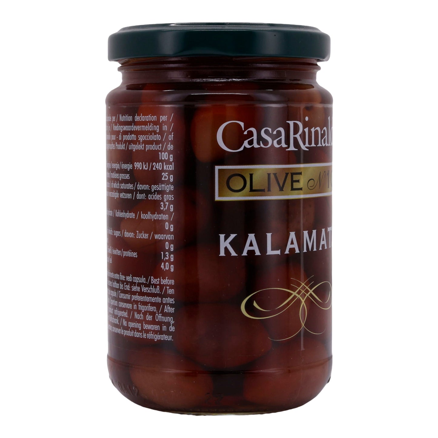 Oliven Kalamata | In Salzlake mit nativem Olivenöl Extra | Ideal für mediterrane Gerichte | 300 g Glas CASA RINALDI