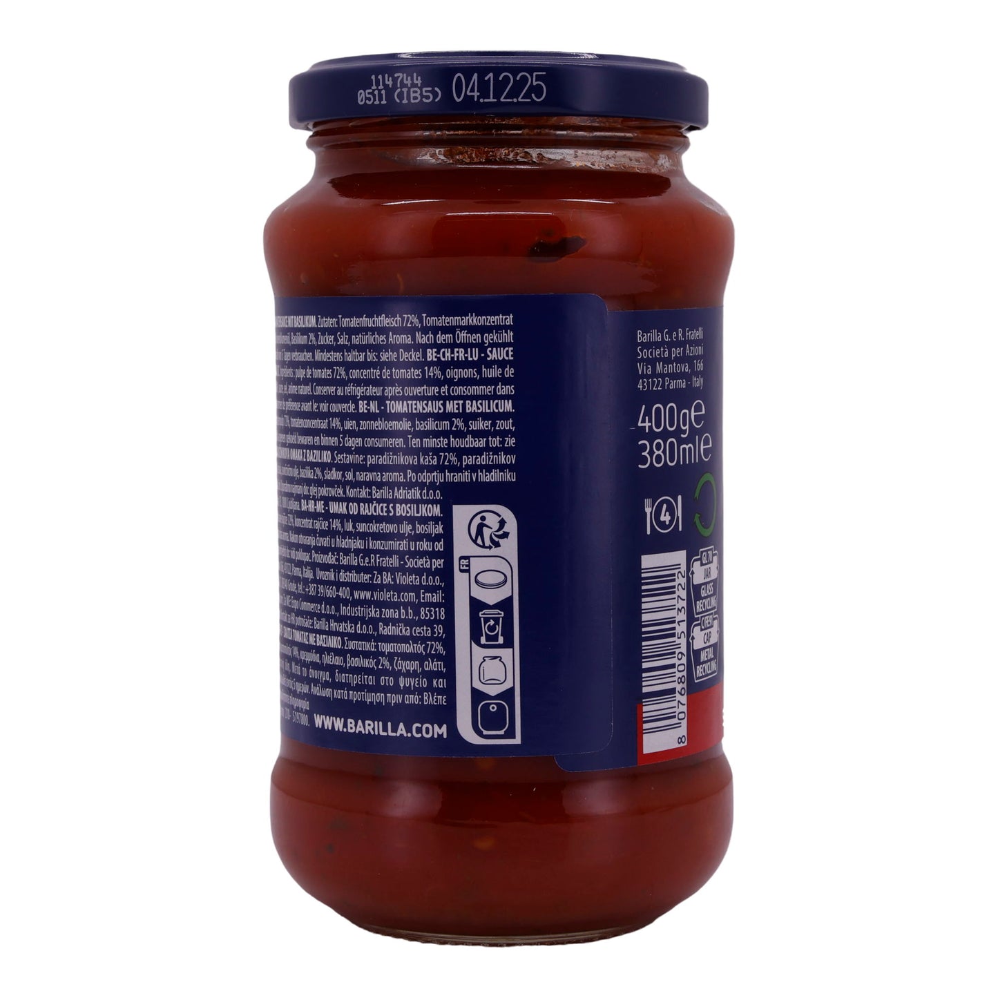 Tomatensauce Barilla | Mit Basilikum | 100 % italienische Tomaten | 400g