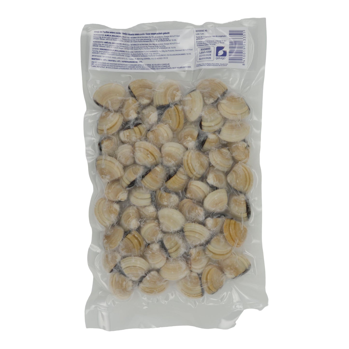 Muscheln Gelvigo | Vongole Venus cotte | Almeja del Pacífico intera cotta | Sacchetto da 1 kg (48/60 pezzi)