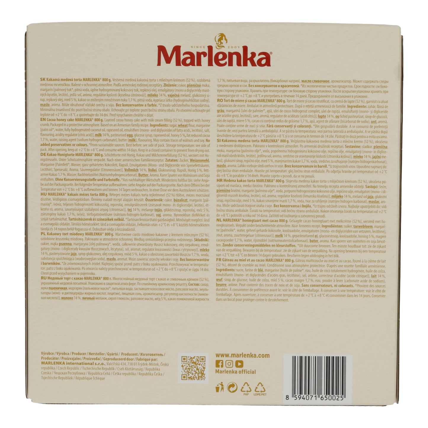 Honigkuchen Marlenka Cacao | Torta | Torta a strati surgelata con 52% di crema e 5% di miele | 800 g