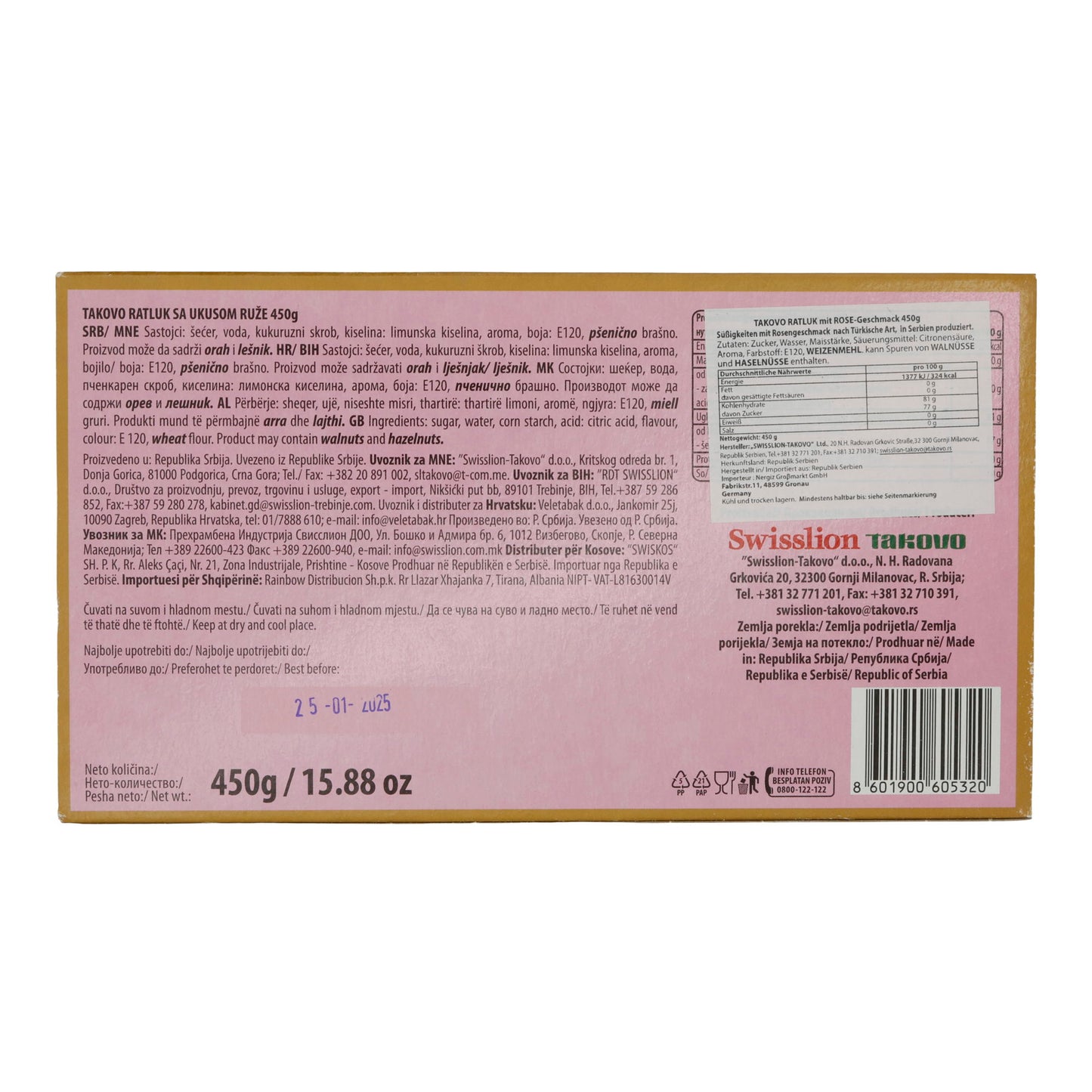 Lokum Takovo | Ratluk Rose | Turkse honing met rozenaroma | 450 g