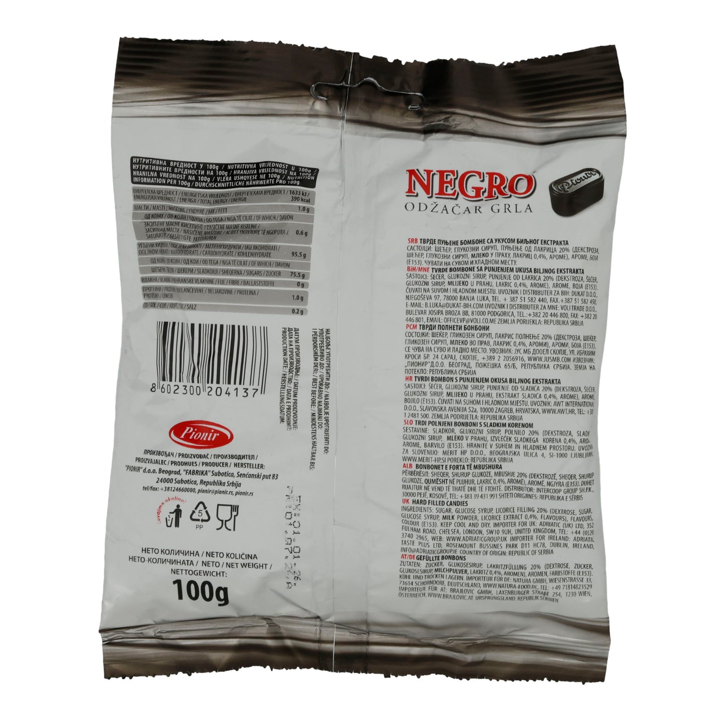 Kruidenbonbons Pionir | Negro Hoestbonbons | Met Menthol | 100 g