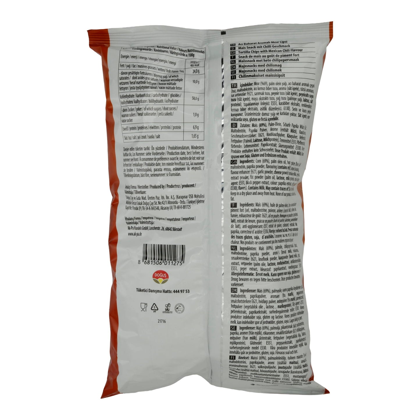 Mais Snack Patos | Chilli-Geschmack | Knusprige Tortilla-Chips für scharfe Genüsse | 120 g PATOS