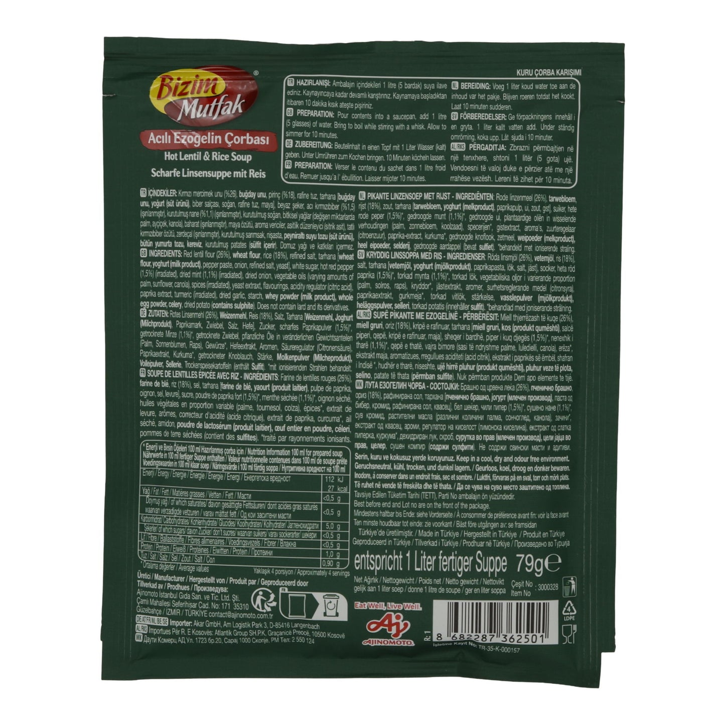 Linsensuppe Bizim Mutfak | Acılı Ezogelin Çorbası | Scharf, mit Reis, für 1 Liter Suppe | 79 g BIZIM MUTFAK