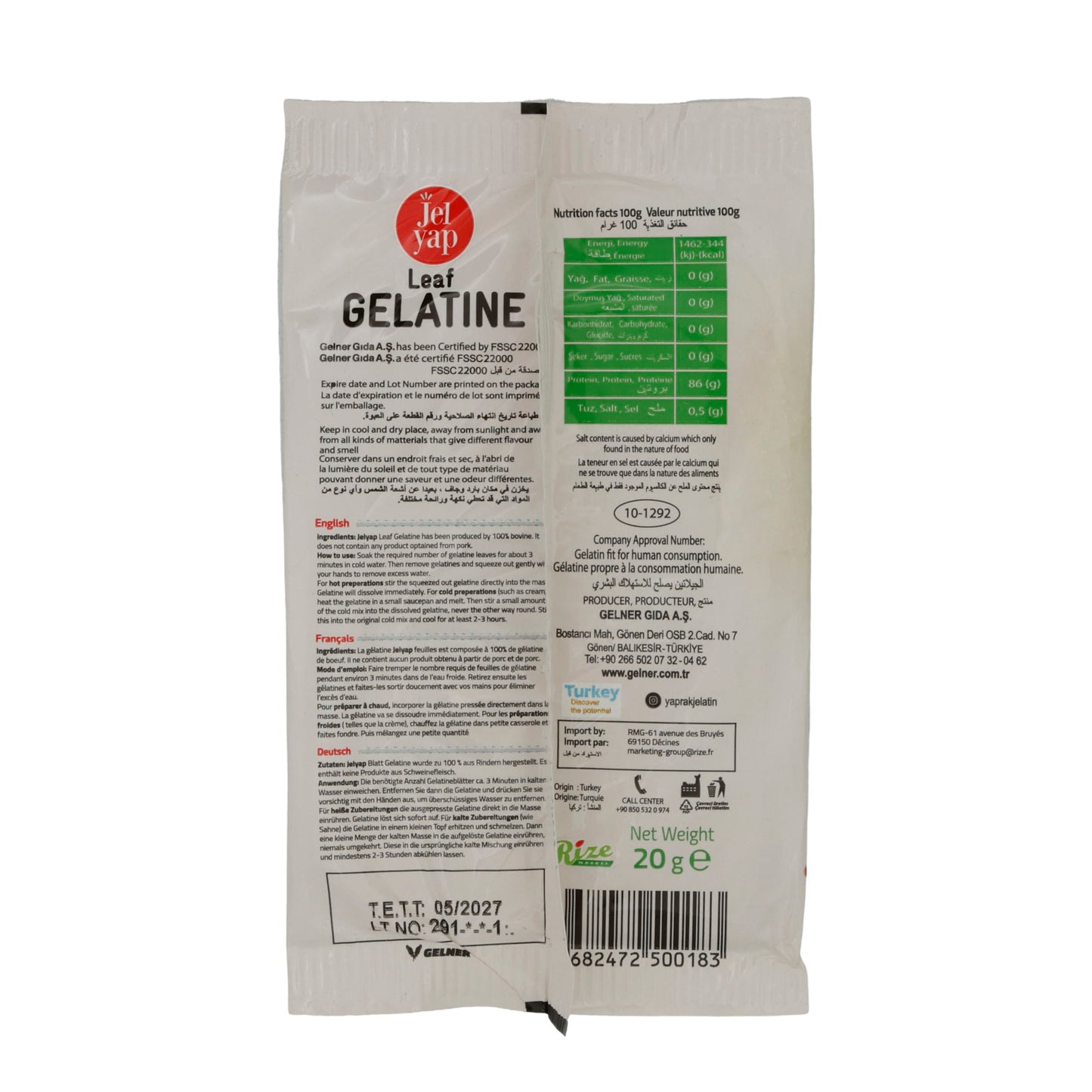 Gelatine Jel Yap | Leaf Gelatine | Blattgelatine für Desserts | 20g