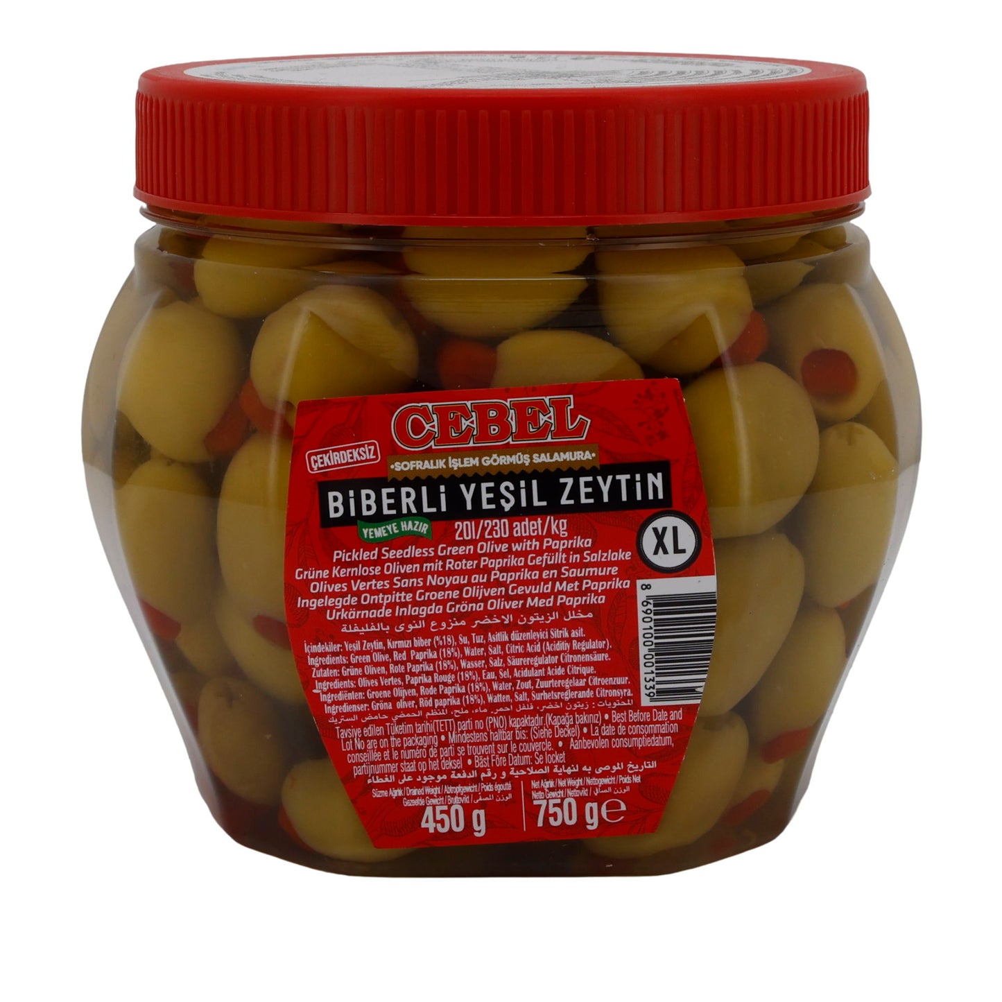 Cebel Green Olives with Red Pepper – 750 g – Pitted & Pickled in Brine