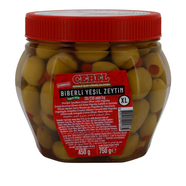 Grüne Oliven Cebel | Mit roter Paprika | Kernlos, in Salzlake | 750 g CEBEL