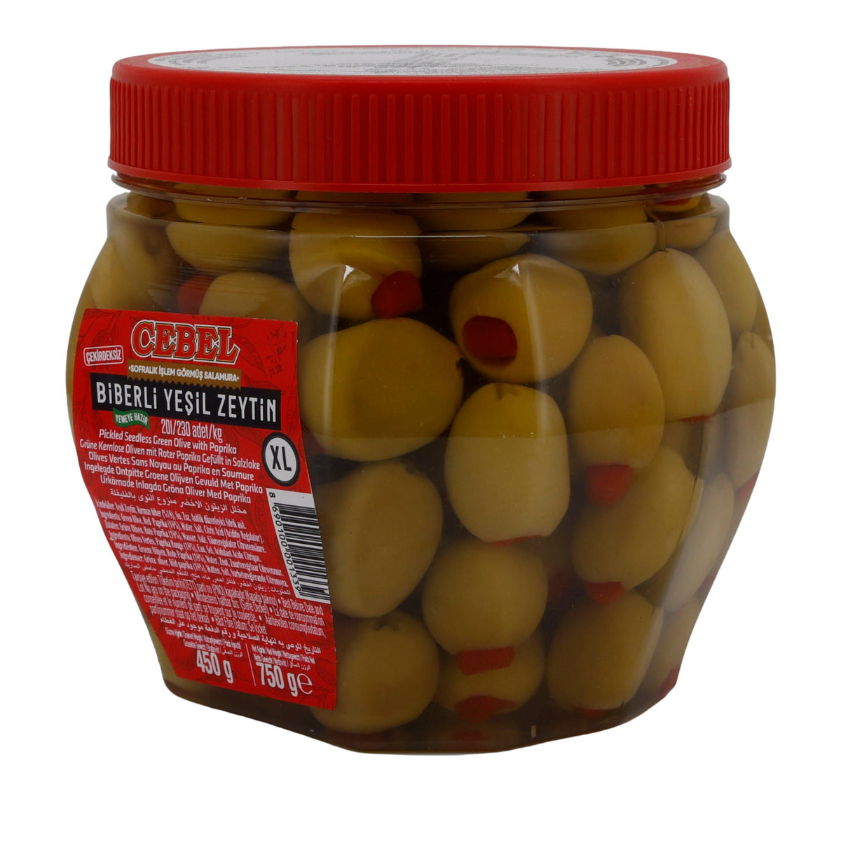 Grüne Oliven Cebel | Mit roter Paprika | Kernlos, in Salzlake | 750 g CEBEL