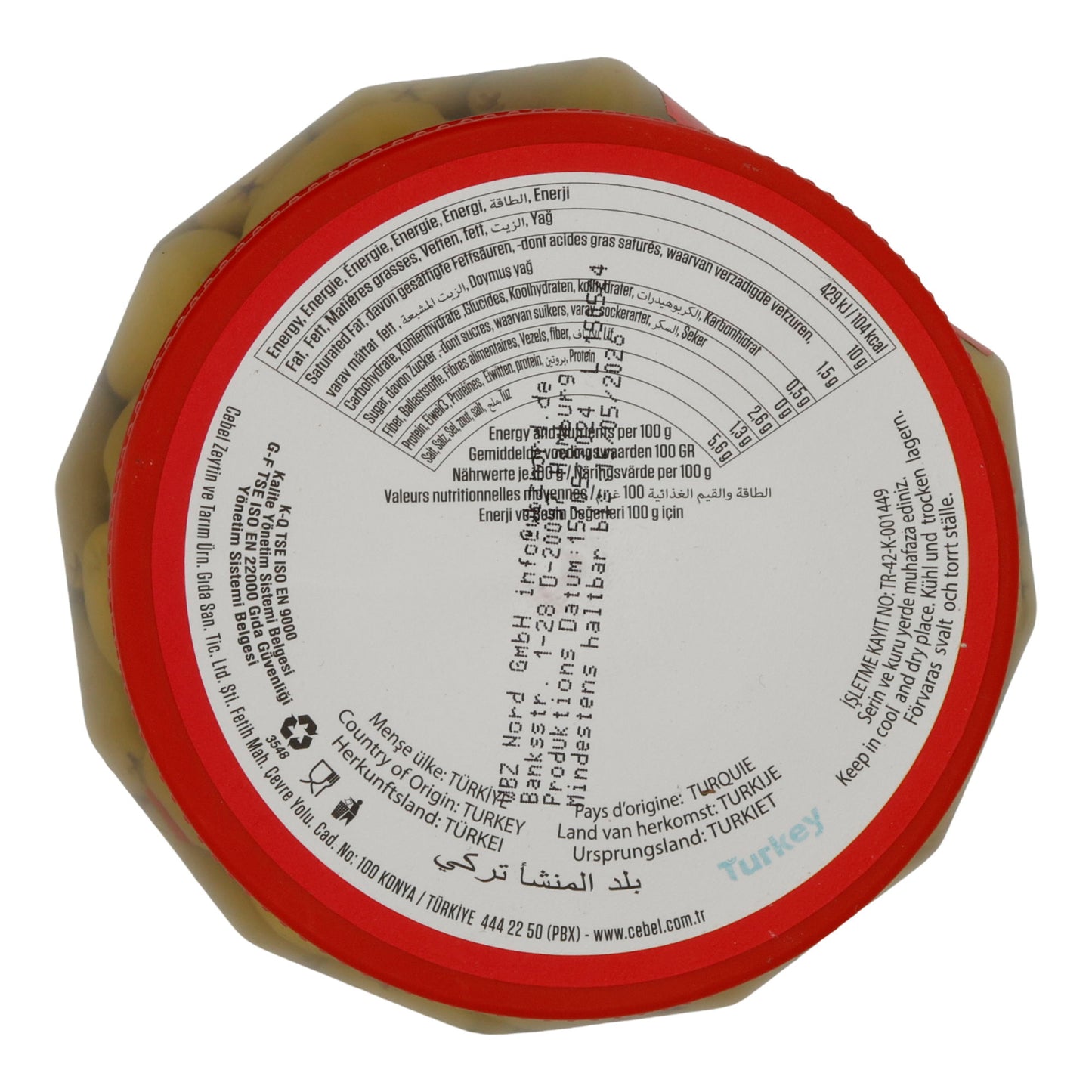 Grüne Oliven Cebel | Mit roter Paprika | Kernlos, in Salzlake | 750 g