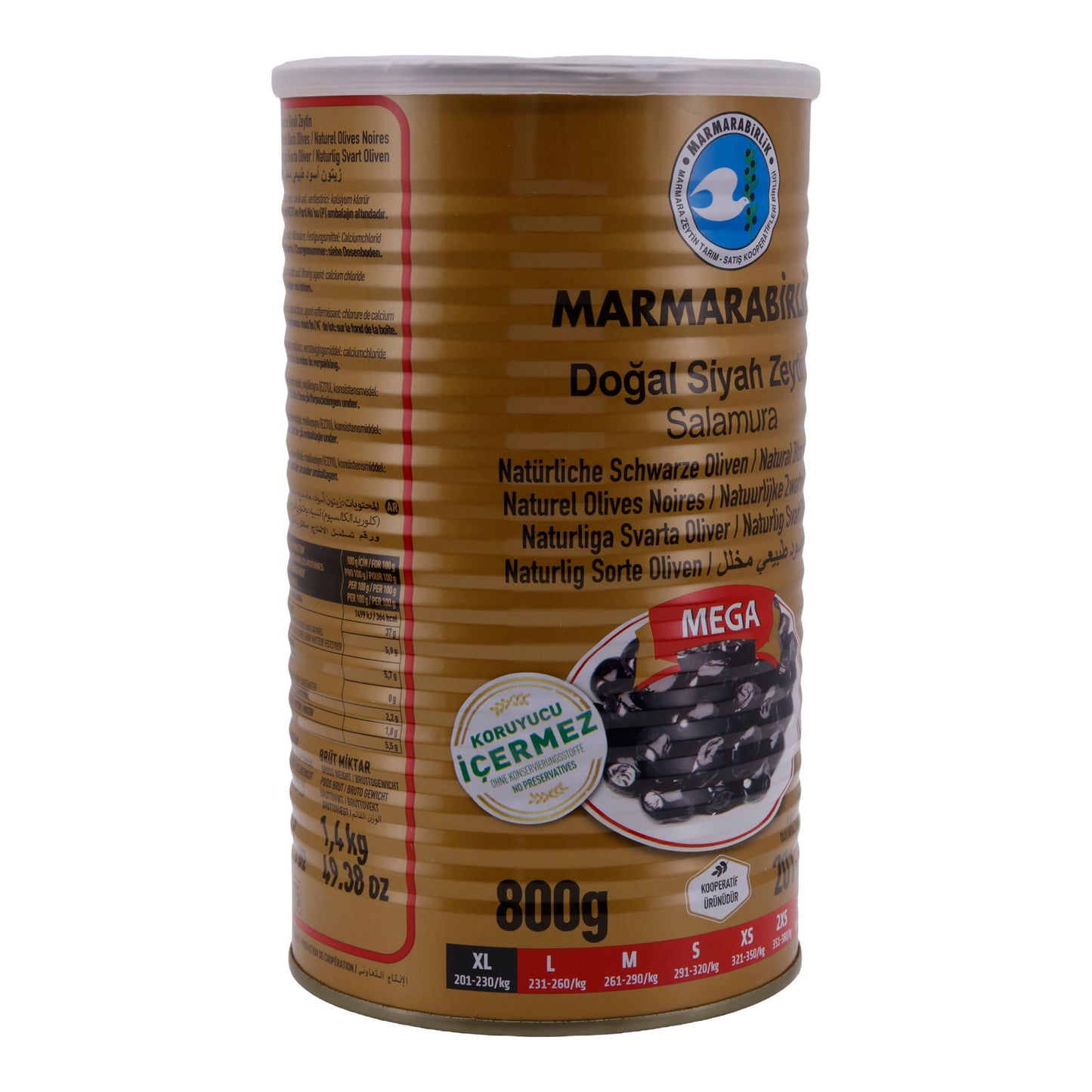 Schwarze Oliven Marmarabirlik | Natürliche schwarze Oliven | Salzarm, MEGA Größe | 800 g Dose