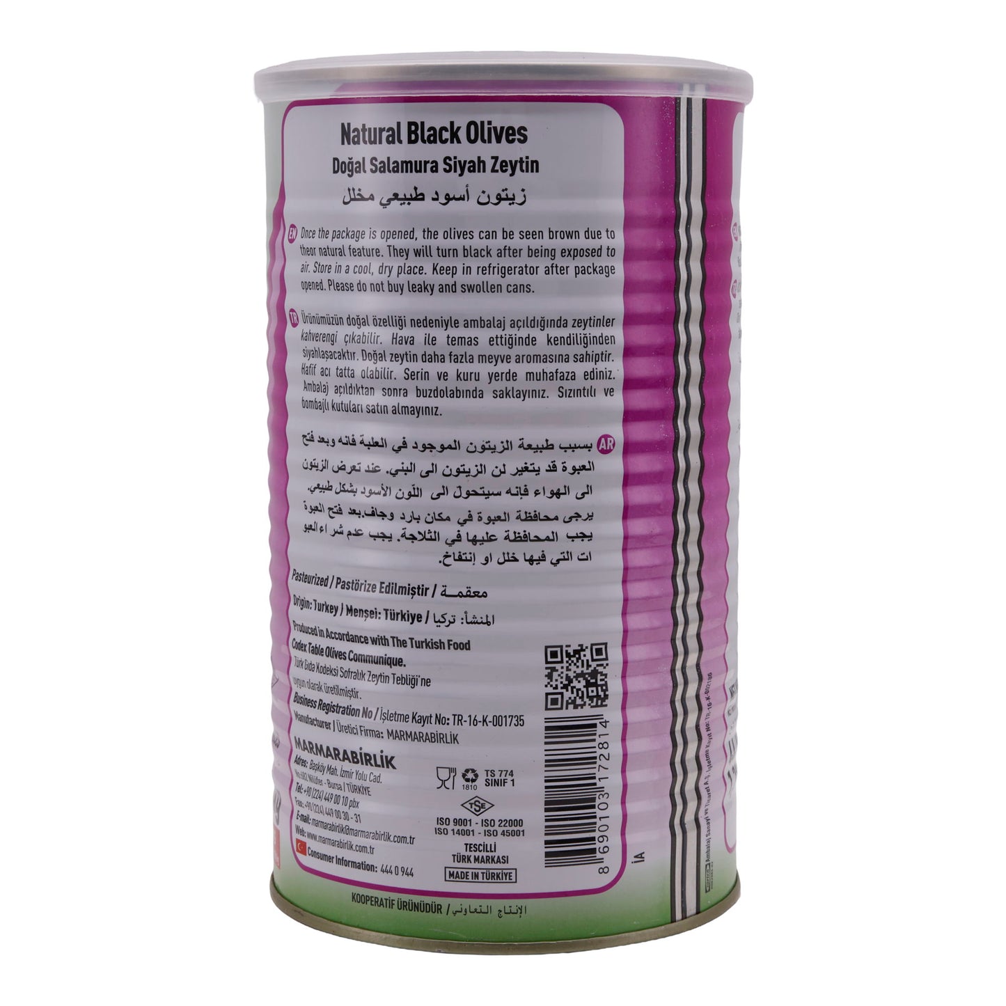 Schwarze Oliven Marmarabirlik | Natuurlijke zwarte olijven | Minder zout, natuurlijke smaak | 800 g blik