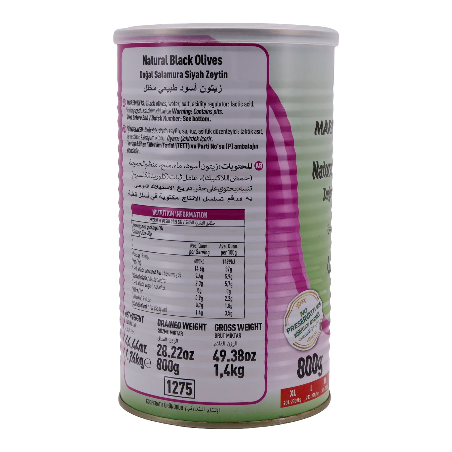 Schwarze Oliven Marmarabirlik | Natuurlijke zwarte olijven | Minder zout, natuurlijke smaak | 800 g blik