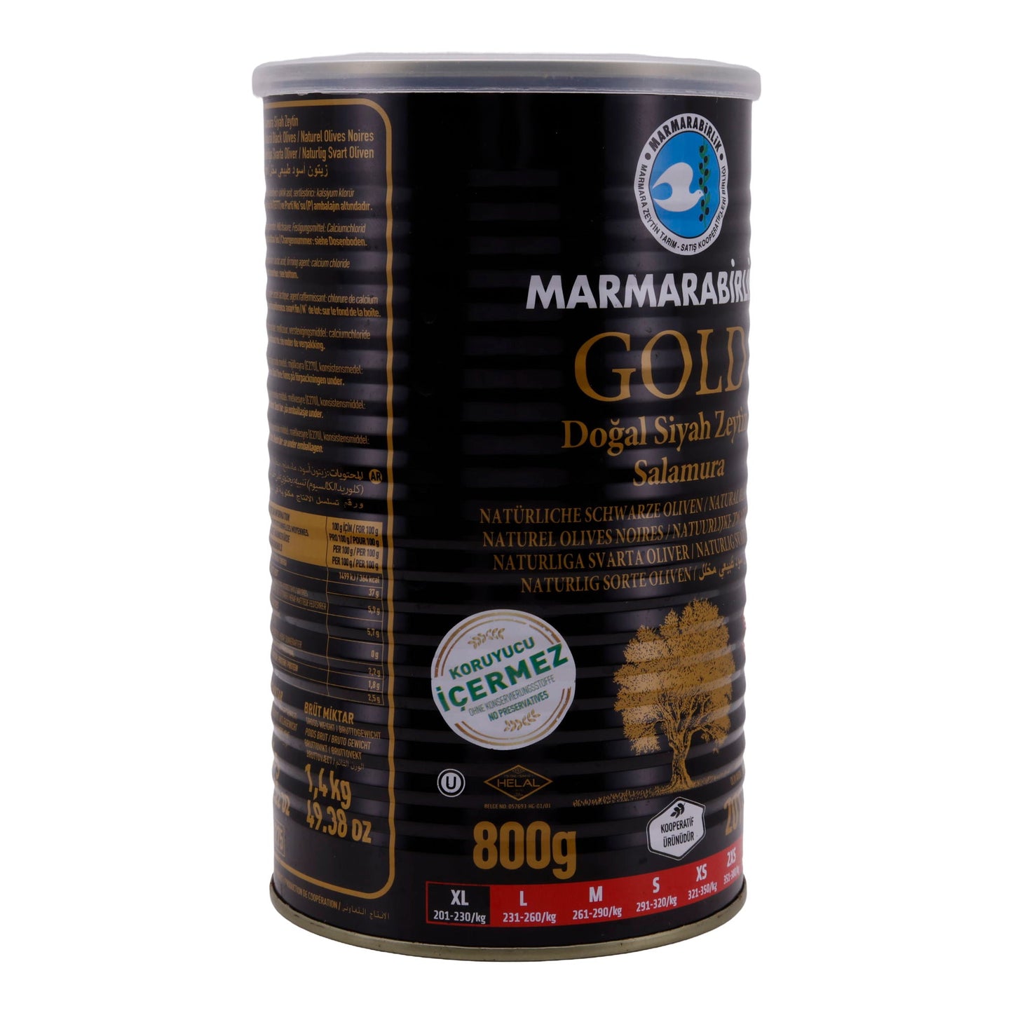 Oliven Marmarabirlik Gold | Natürliche Schwarze Oliven | Milde Oliven in Salzlake | 1,4 kg MARMARABIRLIK