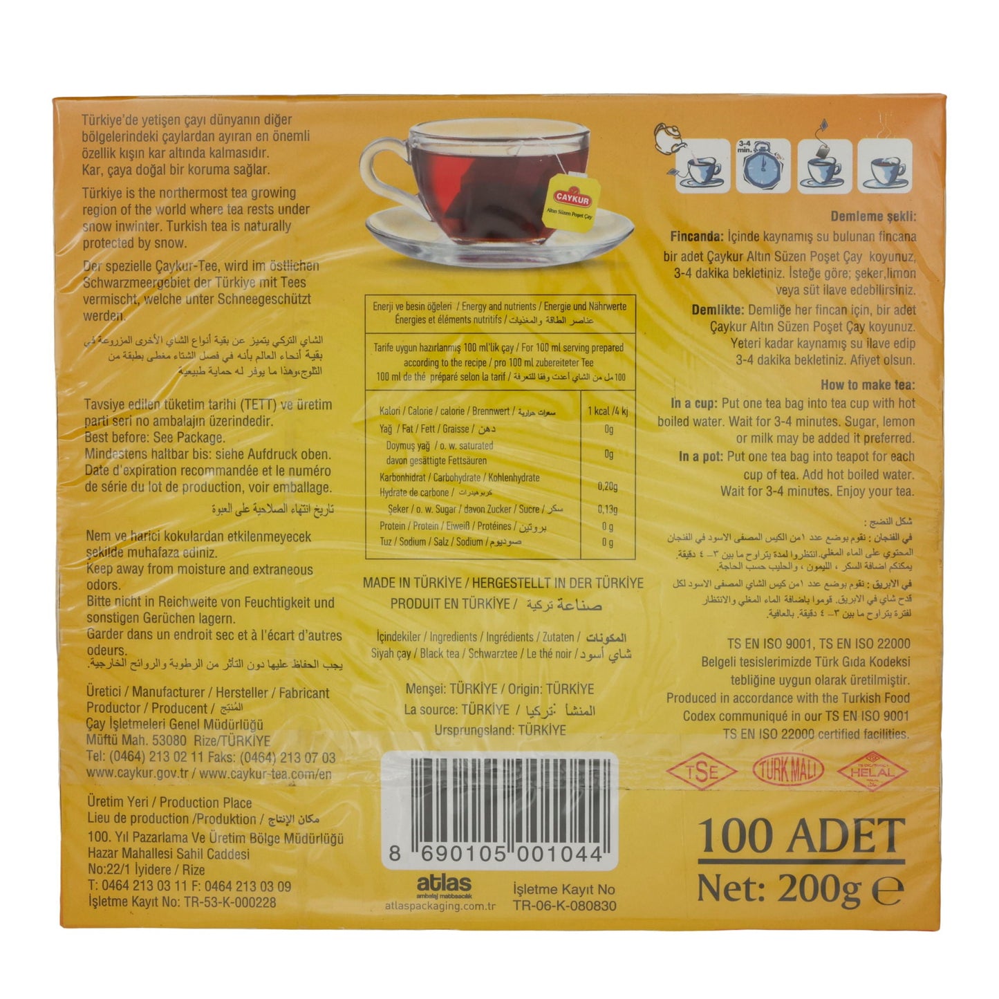 Tee Çaykur | Altın Süzen Poşet Çay | Traditioneller türkischer Schwarztee, 100 Teebeutel | 200 g CAYKUR