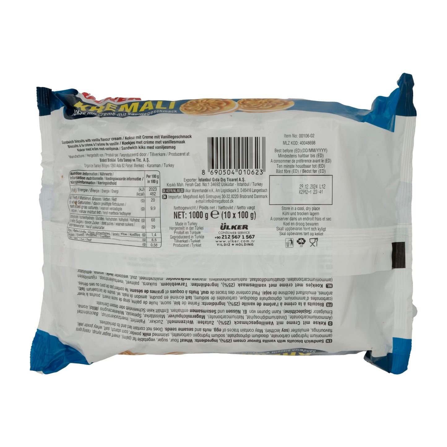 Vanille-Sandwichkekse Ülker | Kekse | Kremalı, Knusprig, cremige Füllung, 10er Pack | 500g