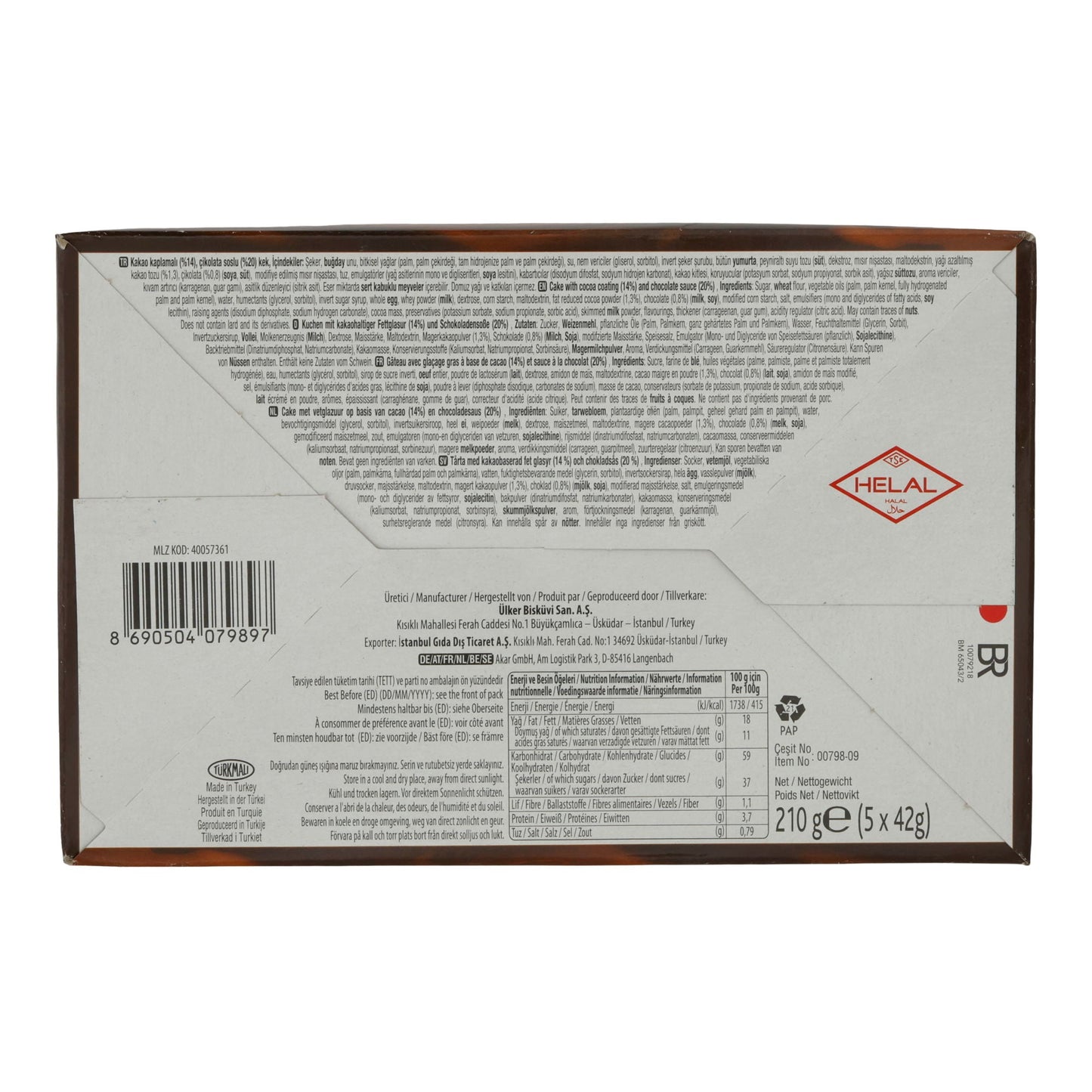 Schokoladenkuchen Ülker | Peki 8 Cake | Weich, mit Schokoladenstückchen | 5er Pack 210g UELKER
