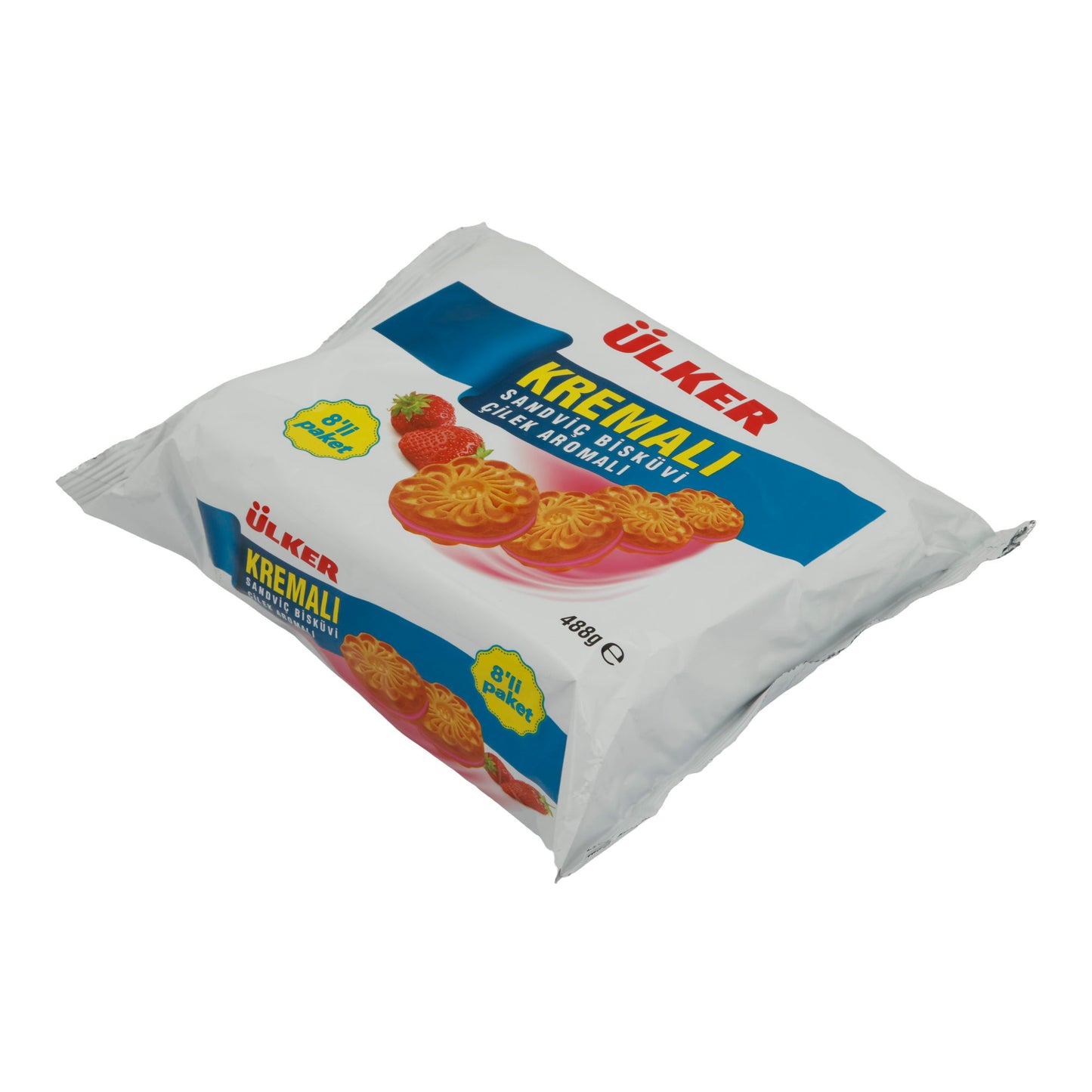 Kekse Ülker | Kremalı Erdbeer-Sandwichkekse | Knusprige Kekse mit fruchtiger Erdbeercreme | 8er Pack – 488 g