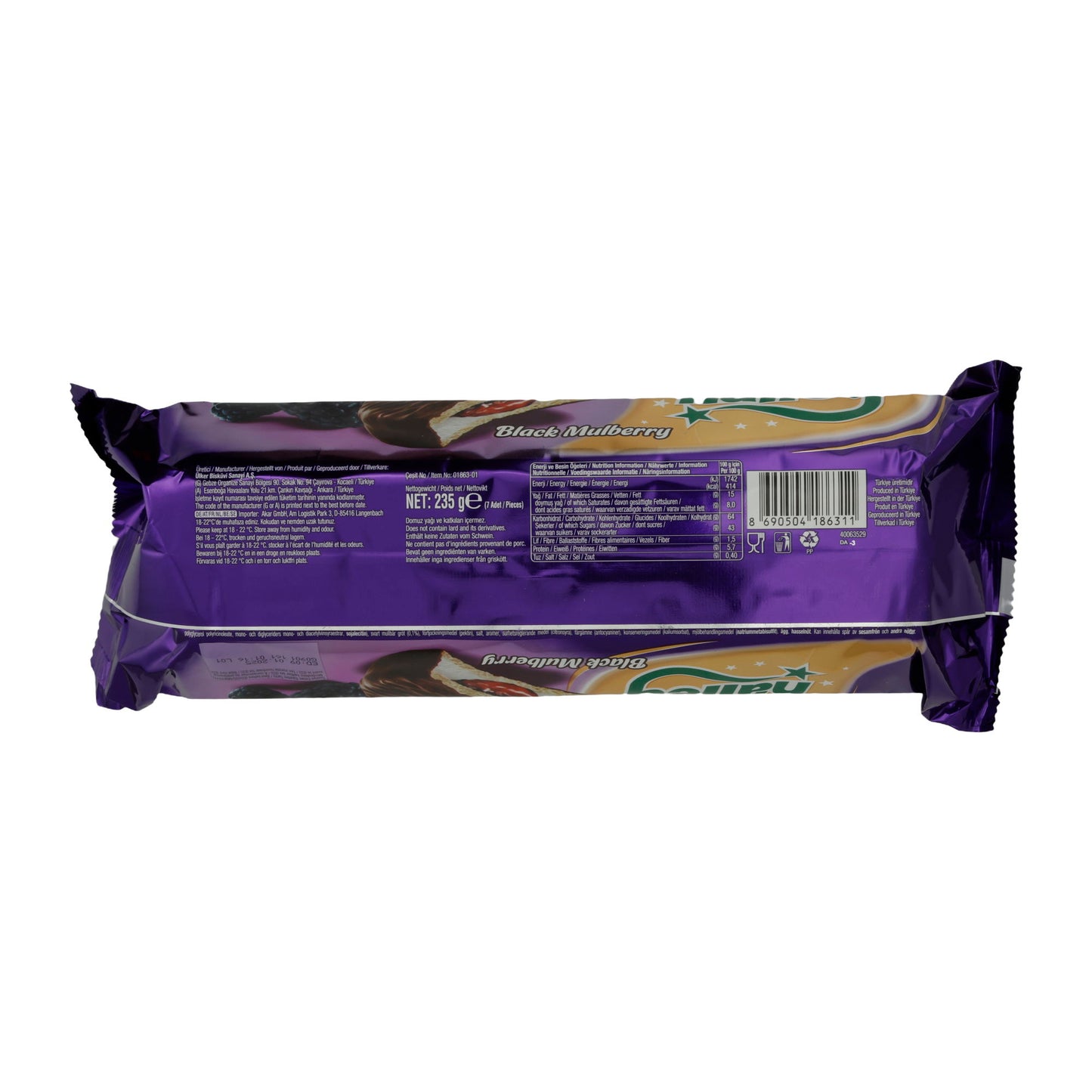 Biscotti doppi Ülker | Halley al gelso nero | Con ripieno di mora e cioccolato al latte | 235 g
