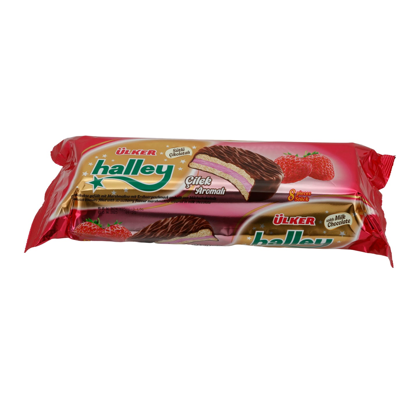 Marshmallow-Waffel Ülker Halley | Çilek Aromalı | Çilek aroması ile, sütlü çikolataya sarılmış | 240g