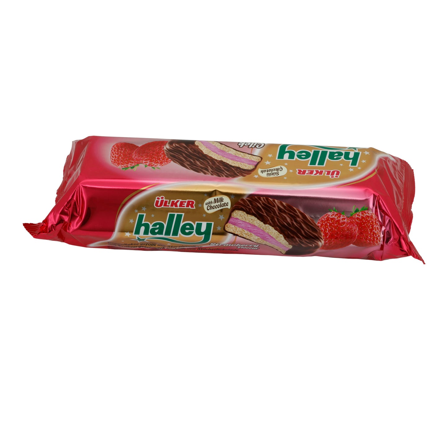 Marshmallow-Waffel Ülker Halley | Çilek Aromalı | Çilek aroması ile, sütlü çikolataya sarılmış | 240g