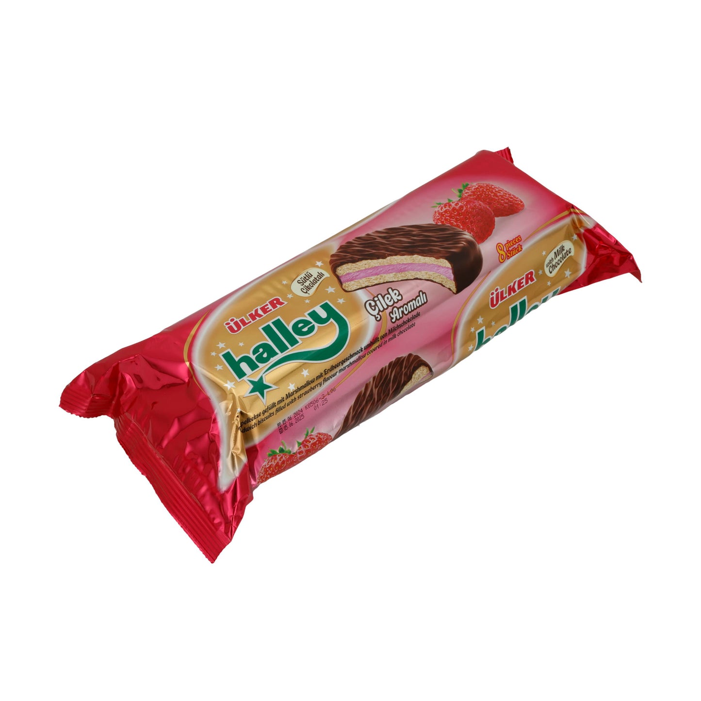 Marshmallow-Waffel Ülker Halley | Çilek Aromalı | Çilek aroması ile, sütlü çikolataya sarılmış | 240g