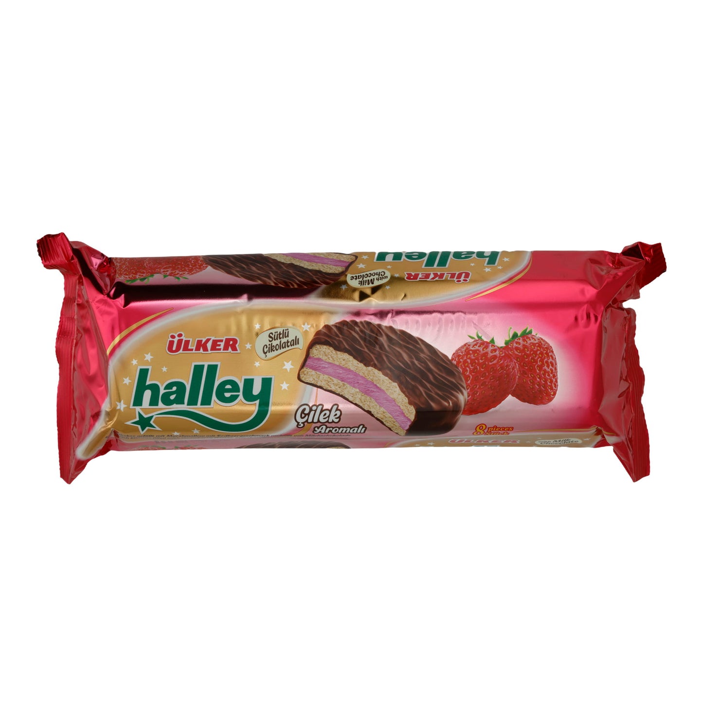 Marshmallow-Waffel Ülker Halley | Çilek Aromalı | Çilek aroması ile, sütlü çikolataya sarılmış | 240g