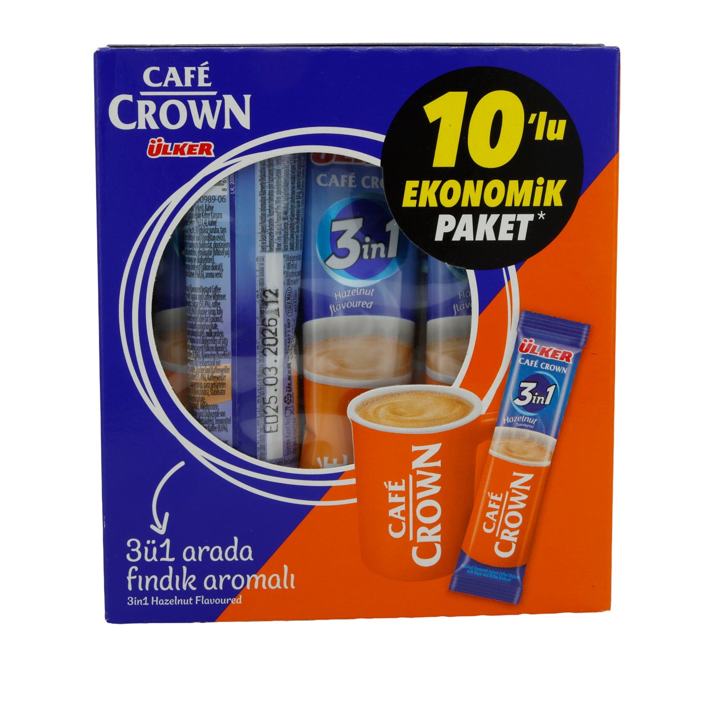 Instantkoffie Ülker | Café Crown 3in1 Hazelnoot | Met melkpoeder & suiker, 10 stuks | 180 g
