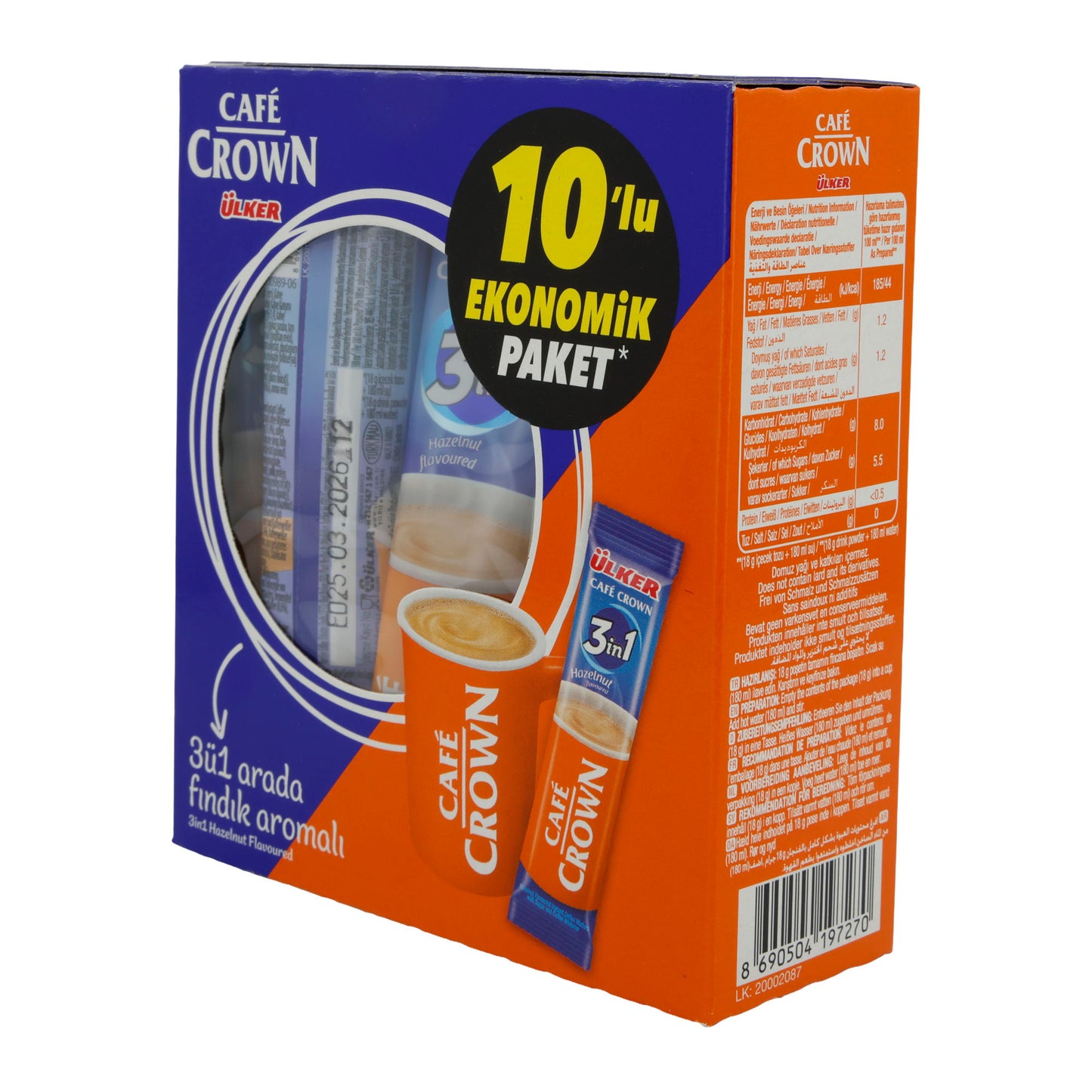 Instantkoffie Ülker | Café Crown 3in1 Hazelnoot | Met melkpoeder & suiker, 10 stuks | 180 g
