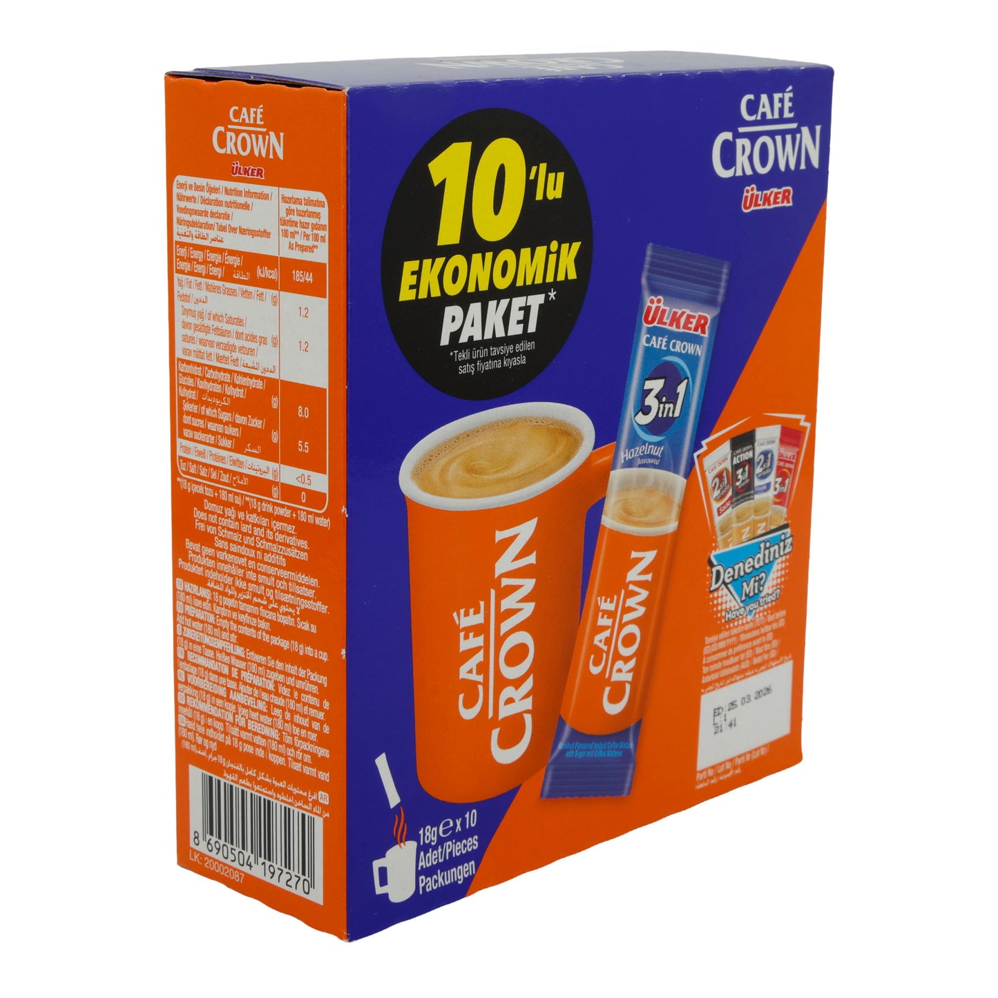 Instantkoffie Ülker | Café Crown 3in1 Hazelnoot | Met melkpoeder & suiker, 10 stuks | 180 g