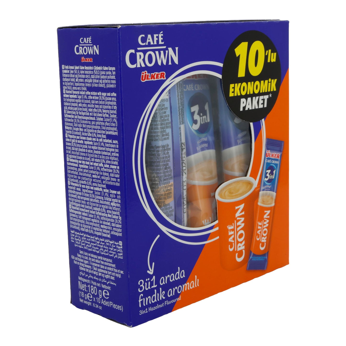 Instantkoffie Ülker | Café Crown 3in1 Hazelnoot | Met melkpoeder & suiker, 10 stuks | 180 g