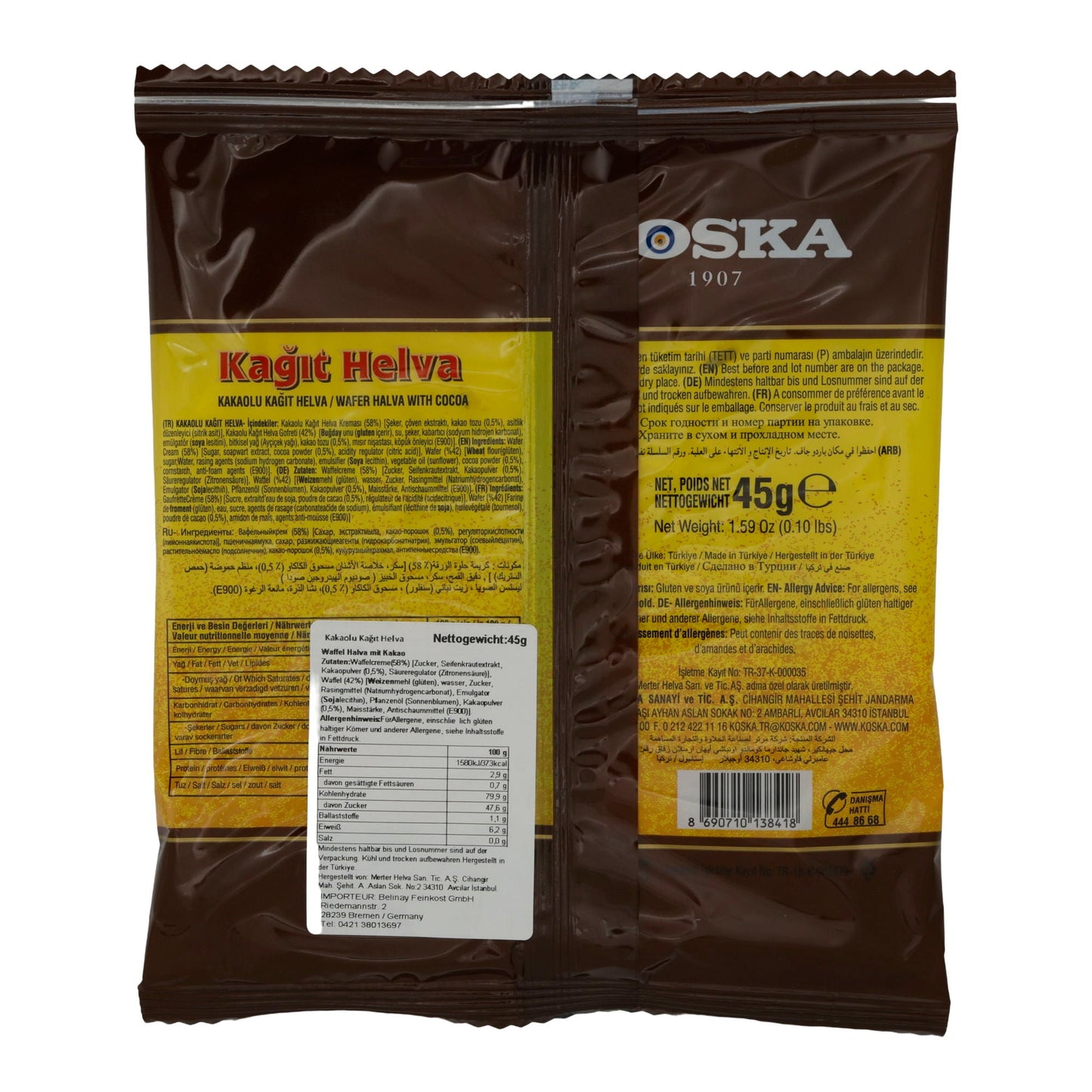 Waffel Koska | Kakaolu Kağıt Helva | Knusprig, mit Kakaocreme | 45 g KOSKA