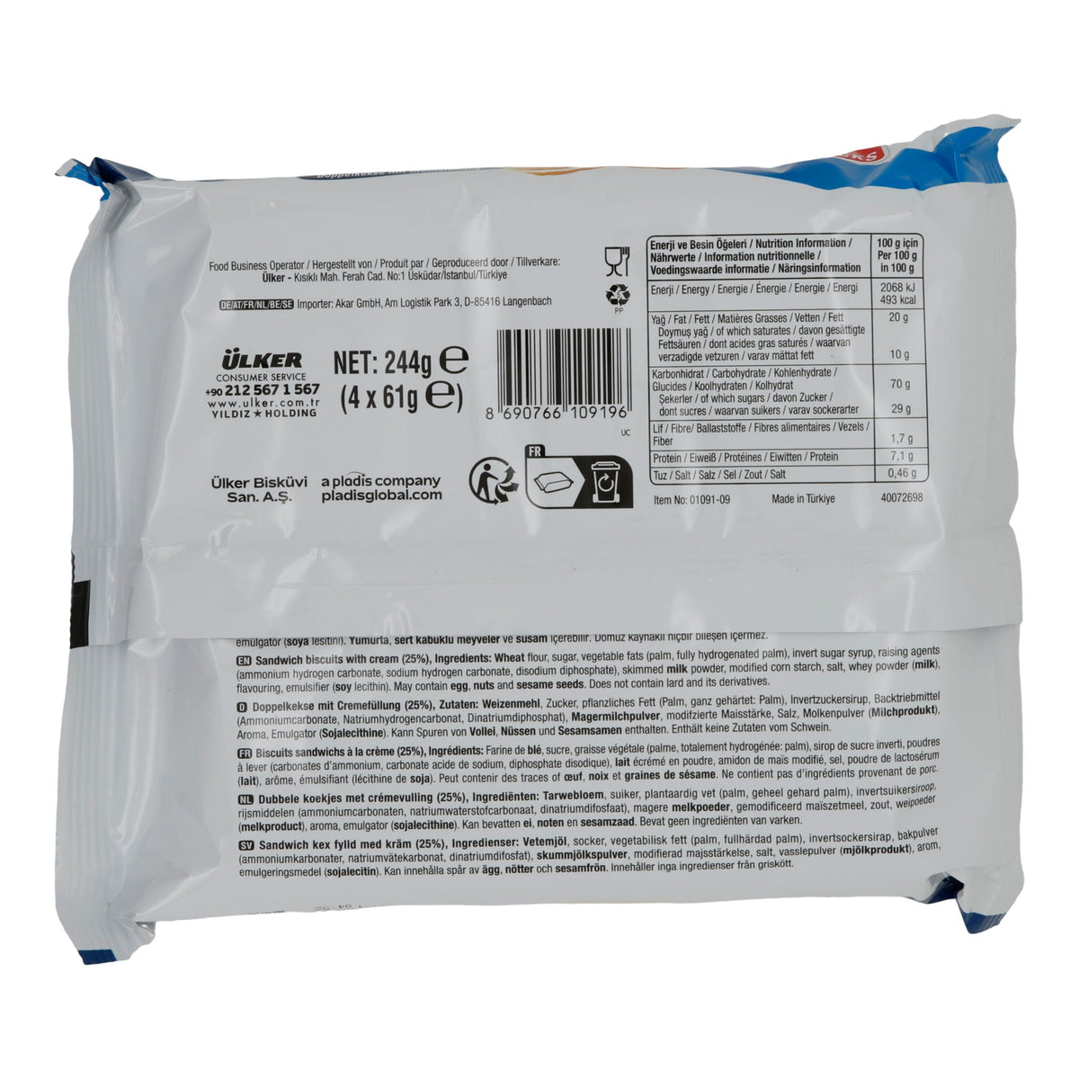 Doppelkekse Ülker | Kremalı | mit Cremefüllung | 4er-Pack à 61 g (244 g Gesamt) UELKER