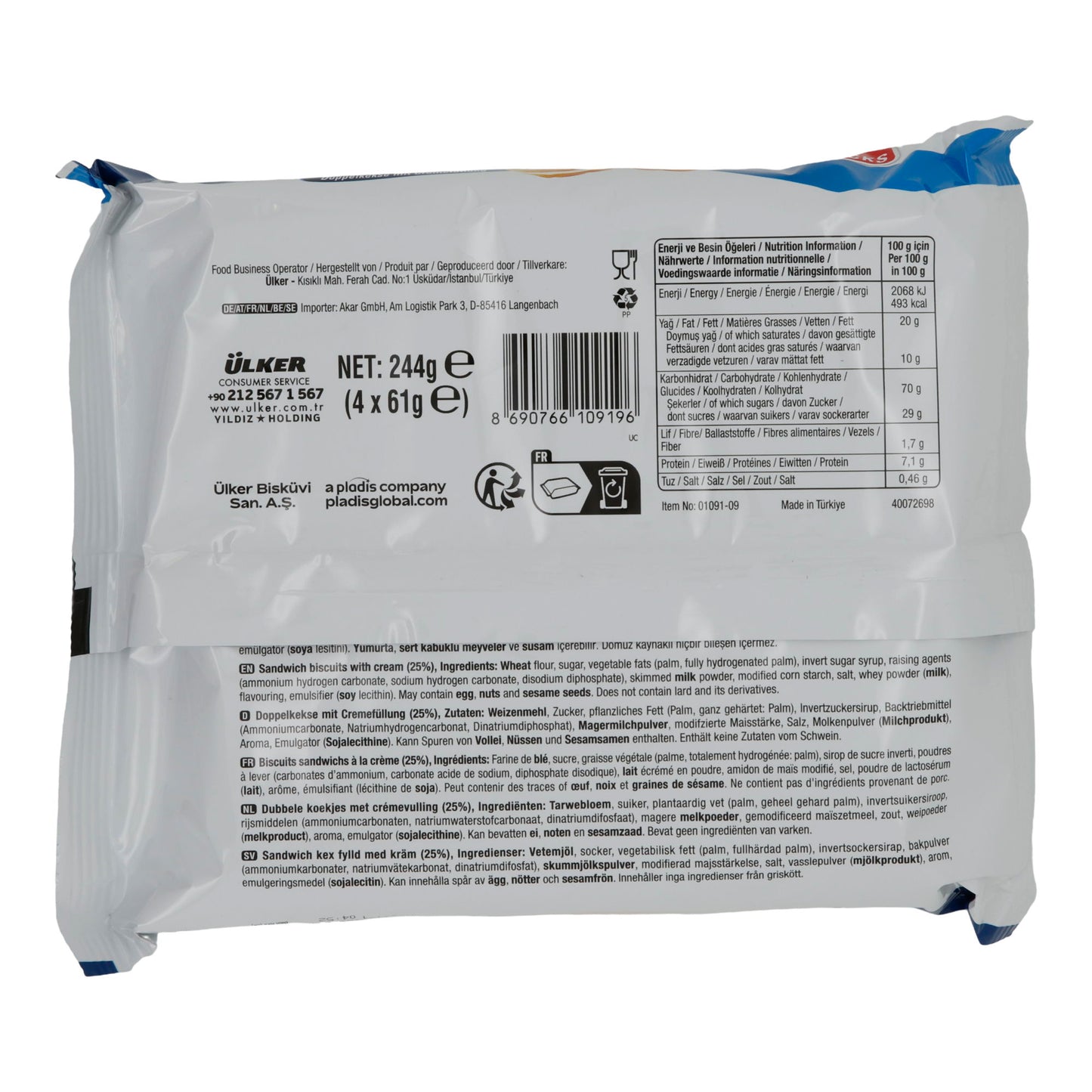 Doppelkekse Ülker | Kremalı | mit Cremefüllung | 4er-Pack à 61 g (244 g Gesamt)