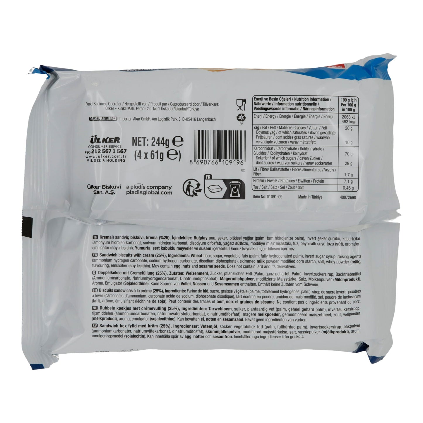 Doppelkekse Ülker | Kremalı | mit Cremefüllung | 4er-Pack à 61 g (244 g Gesamt) UELKER