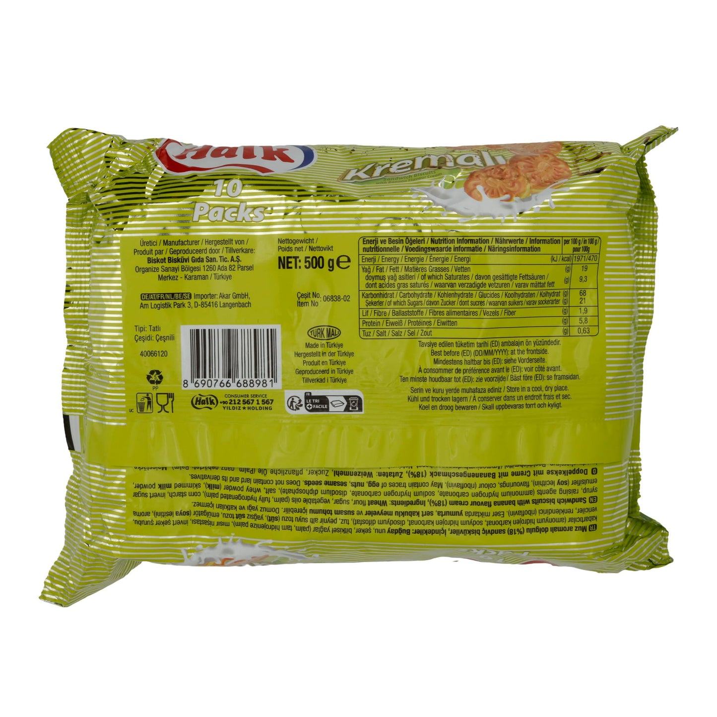 Sandwichkekse Halk | Kremalı Sandwich-Kekse | Mit Bananencremefüllung, 10er Pack | 500 g HALK