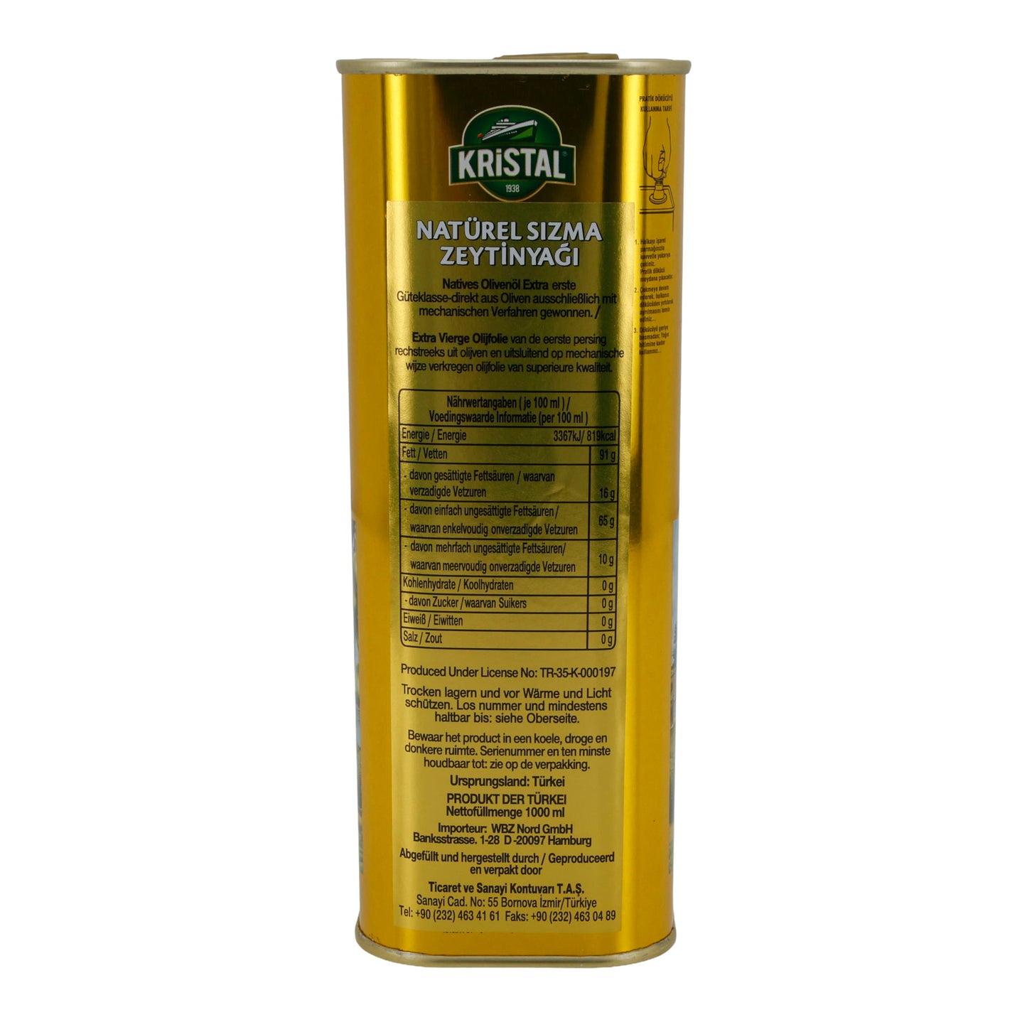 Olio d'oliva Kristal | Olio Extra Vergine | Spremuto a freddo, dalla Turchia | 1000 ml