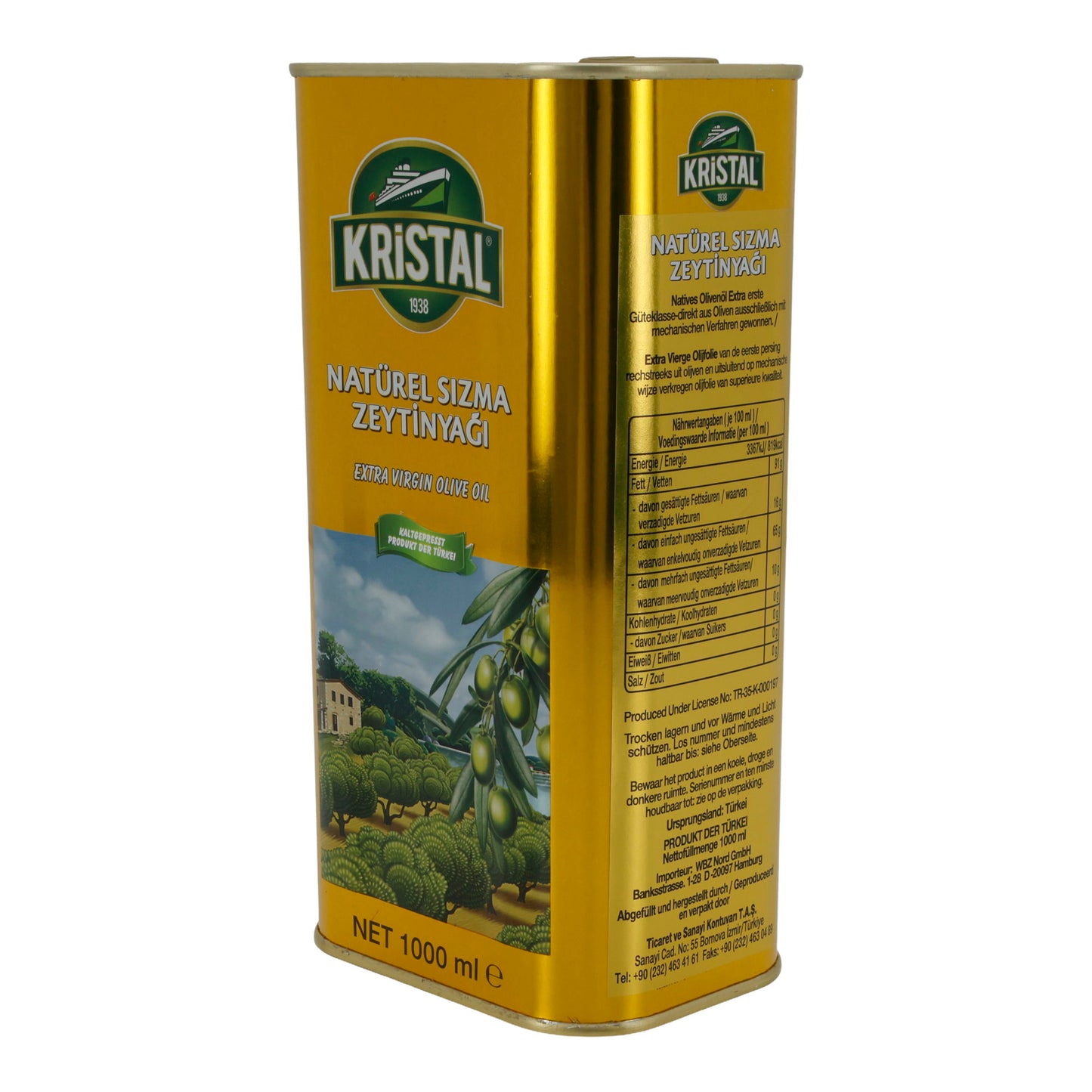 Olio d'oliva Kristal | Olio Extra Vergine | Spremuto a freddo, dalla Turchia | 1000 ml