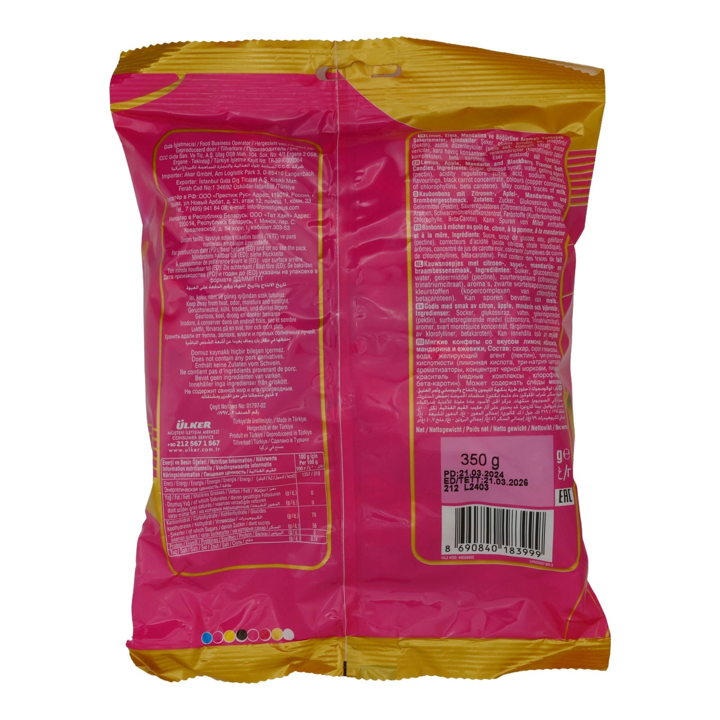 Kaubonbons Ülker Lokumcuk | Süßigkeit | mit Fruchtgeschmack (Zitrone, Apfel, Mandarine, Brombeere) | 350 g UELKER