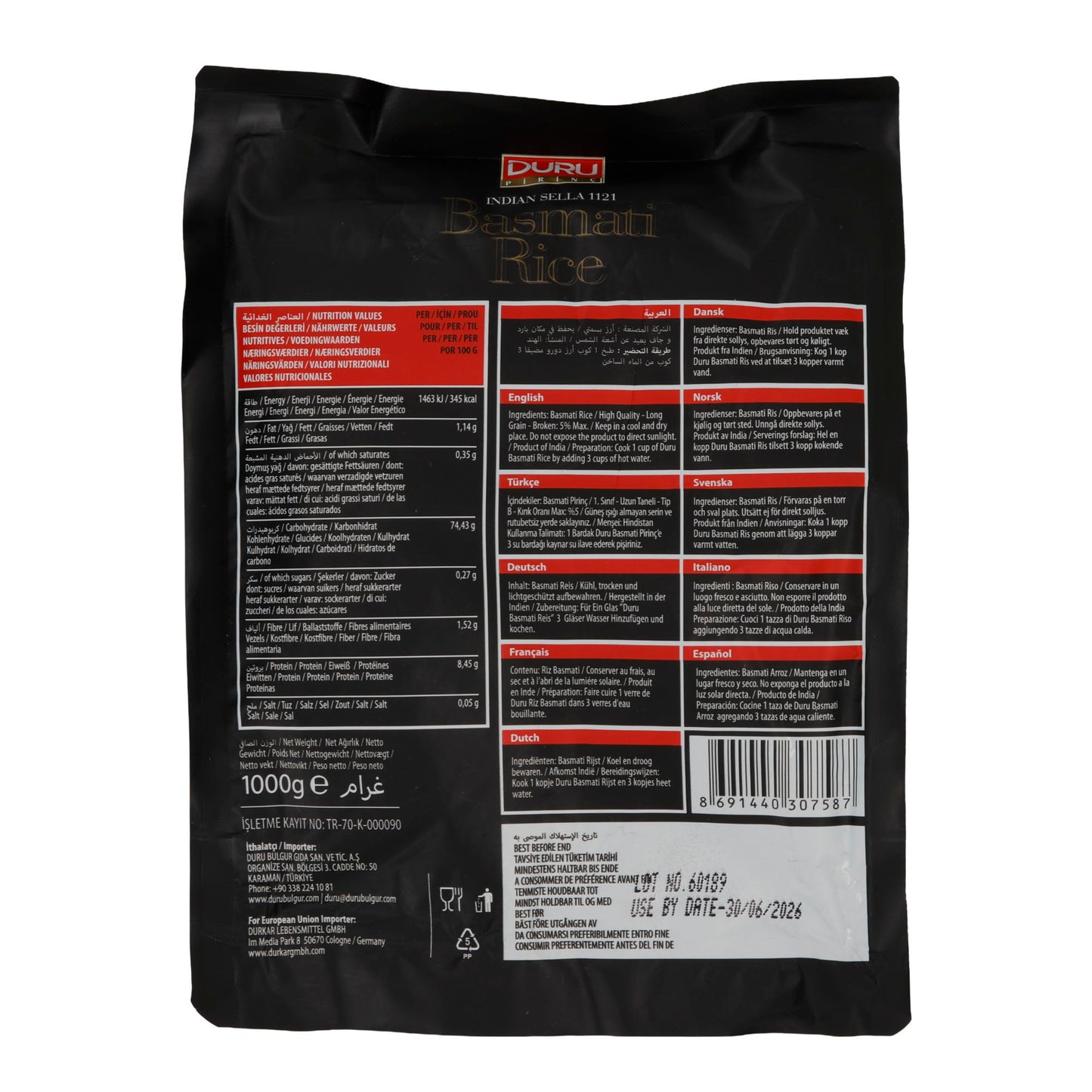 Reis Duru Basmati | Chicchi lunghi | Indian Sella 1121 | 1000 g