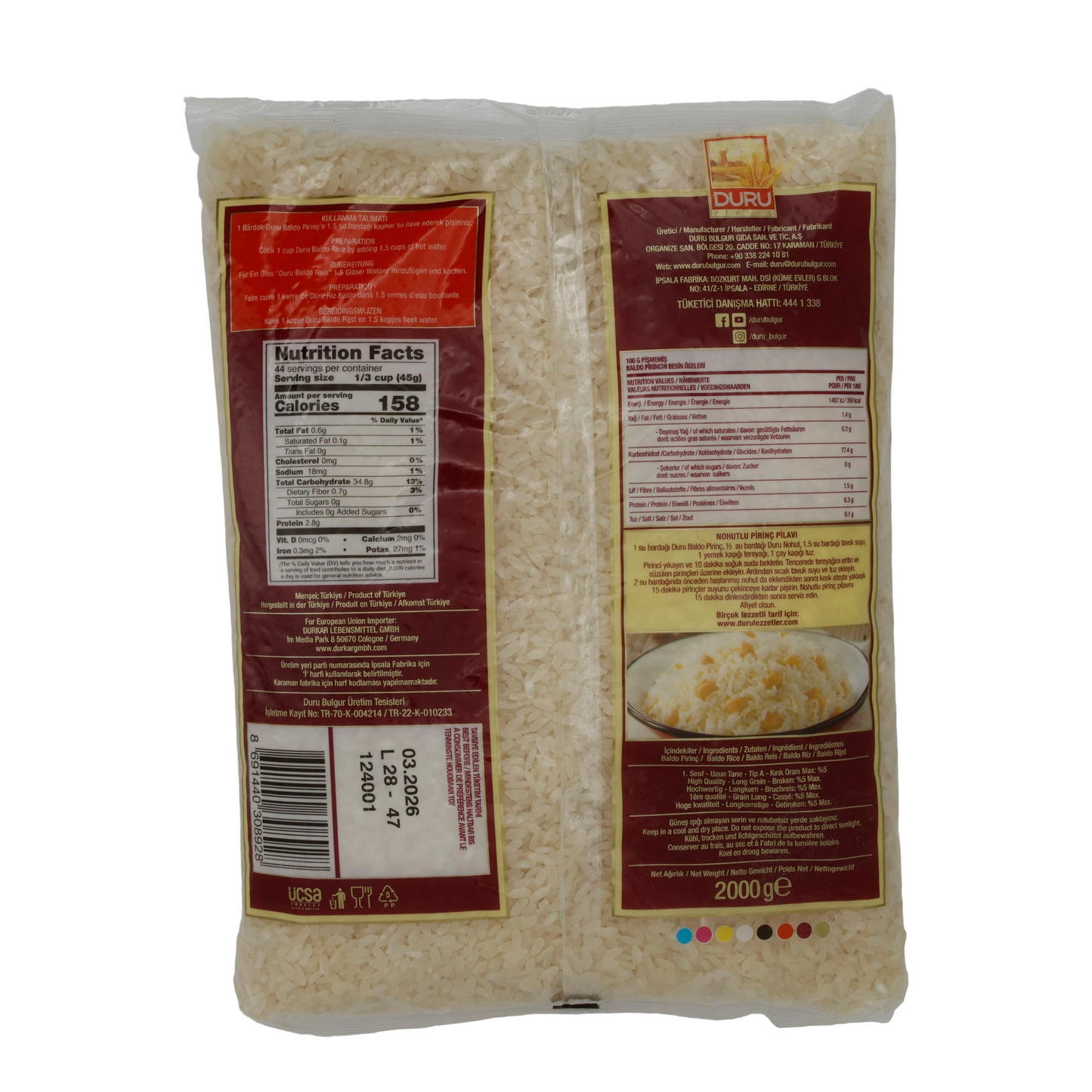 Reis Duru | Riso Baldo | Di alta qualità, dalla regione di Gönen, per pilaf e piatti a base di riso | 2000 g