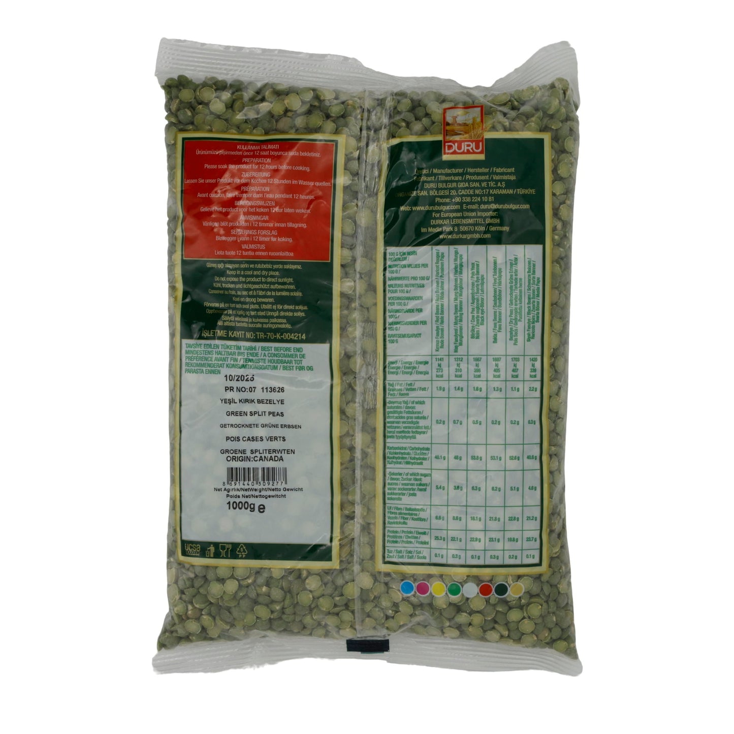 Erbsen Duru | Green Split Peas | Getrocknete grüne Erbsen | 1000 g DURU