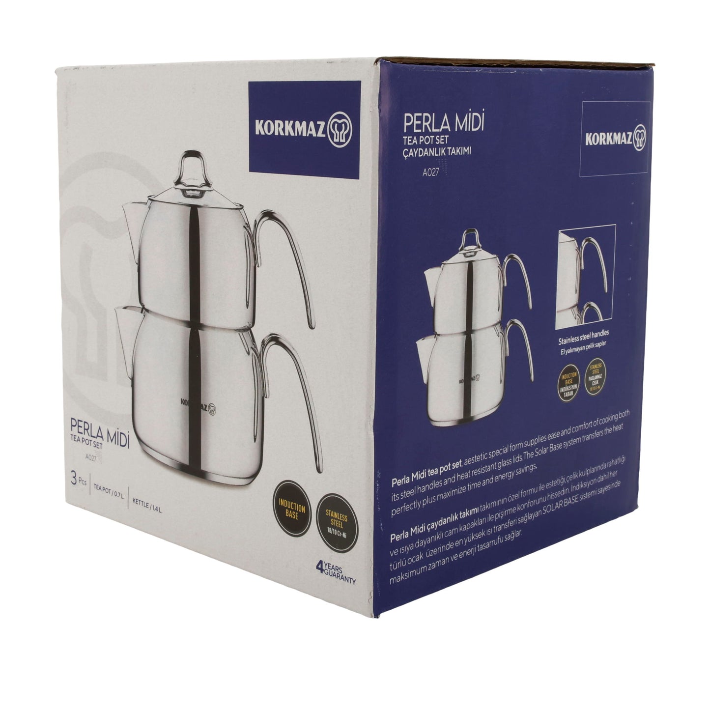 KORKMAZ Perla Midi Teekannen-Set 3-teilig (0,7 L + 1,4 L) – Edelstahl, induktionsgeeignet