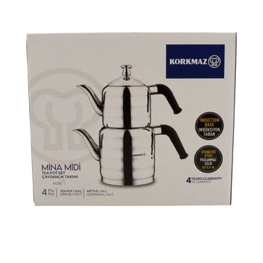 Korkmaz Mina Midi Teekannen-Set A035 | 18/10 Edelstahl | Induktionsgeeignet | 4-teilig (0,8 L + 1,6 L) Korkmaz