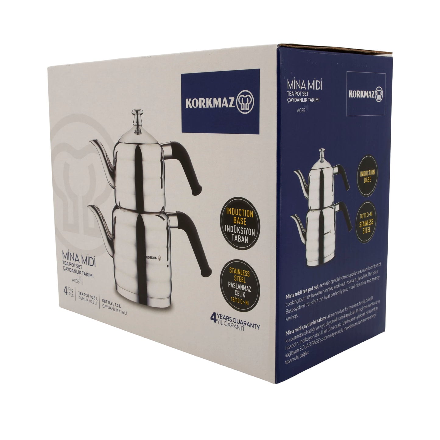 Korkmaz Mina Midi Teekannen-Set A035 | 18/10 Edelstahl | Induktionsgeeignet | 4-teilig (0,8 L + 1,6 L)