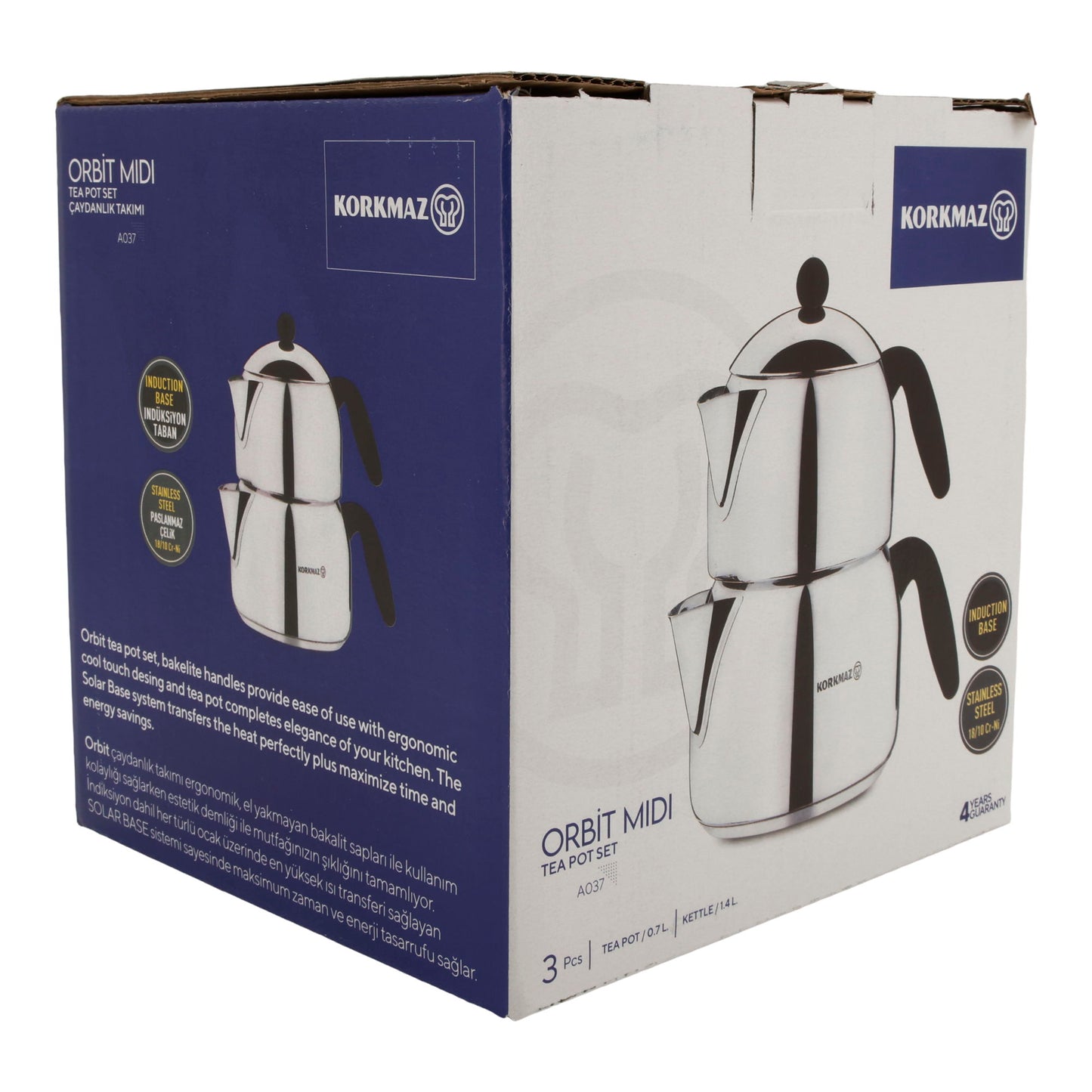 Korkmaz Orbit Midi Teekannen-Set – 3-teilig (0,7 L & 1,4 L) Edelstahl 18/10