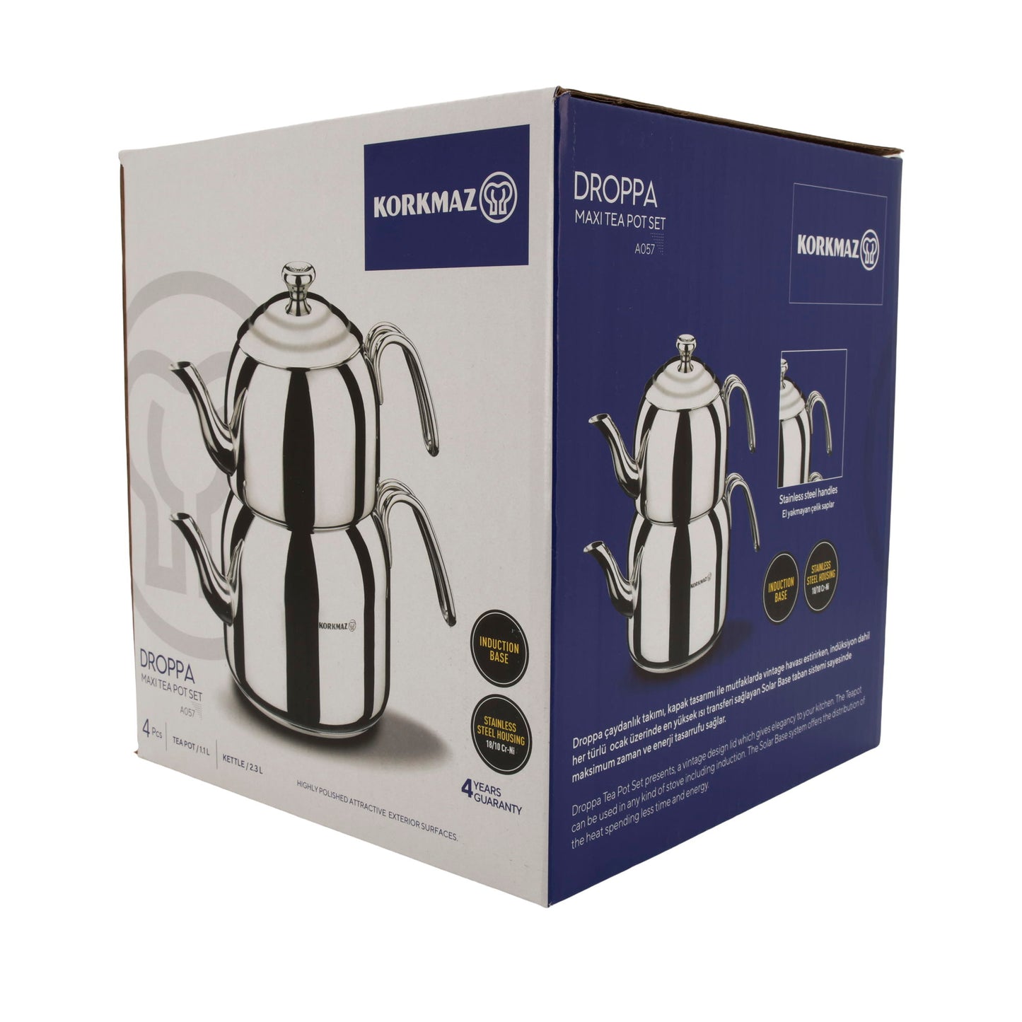 Korkmaz Droppa Maxi Tea Pot Set | Edelstahl 18/10 | Induktionsgeeignet | 2,3 L + 1,1 L