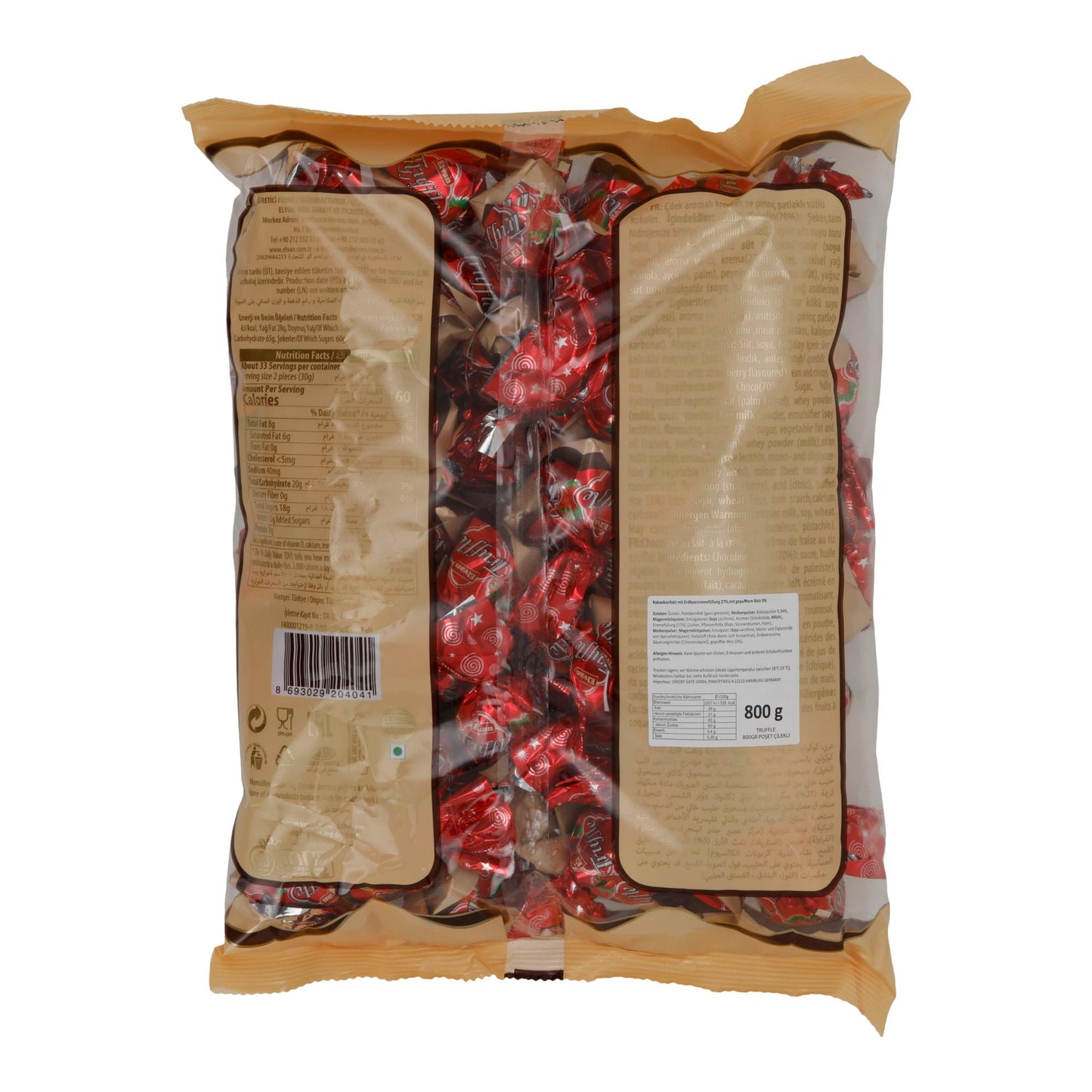Milchschokolade mit Erdbeercreme und Puffreis Elvan Truffle Erdbeere | Süßware | 800 g Beutel ELVAN